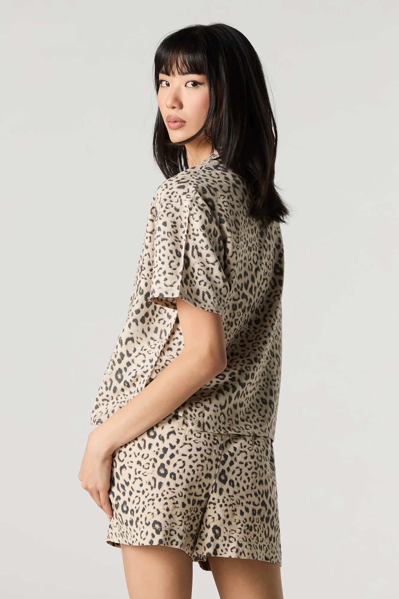 Linen-Blend Short Sleeve Button-Up Top