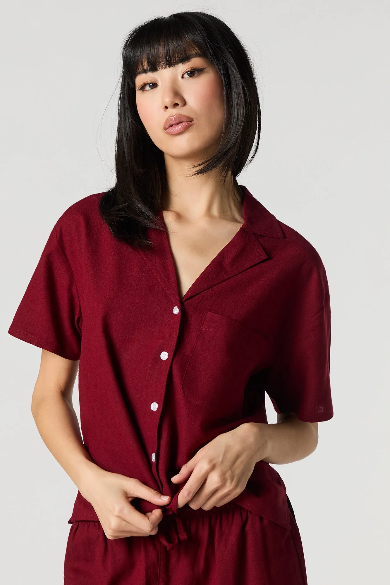 Linen-Blend Short Sleeve Button-Up Top