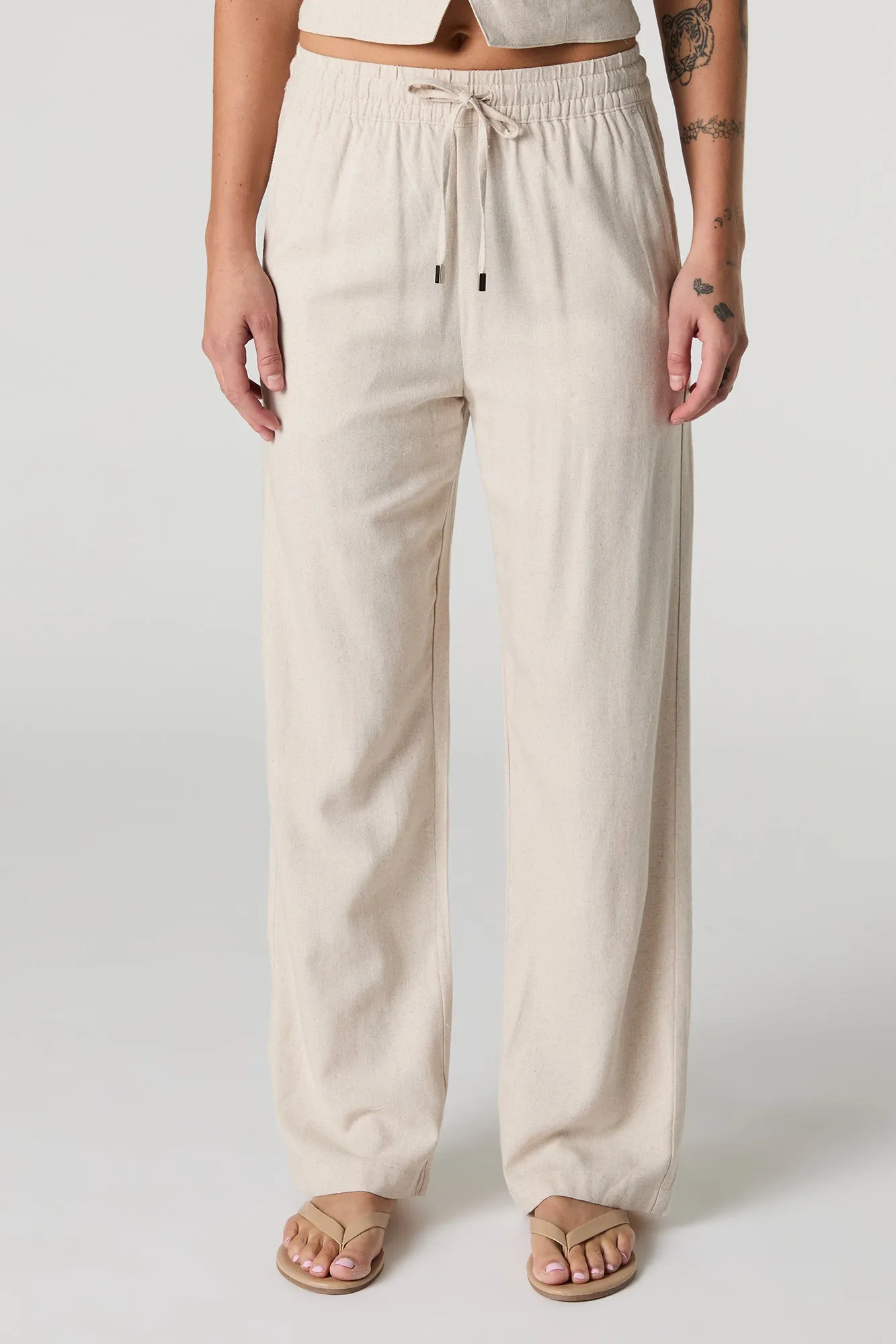 Low Rise Linen-Blend Wide Leg Pant