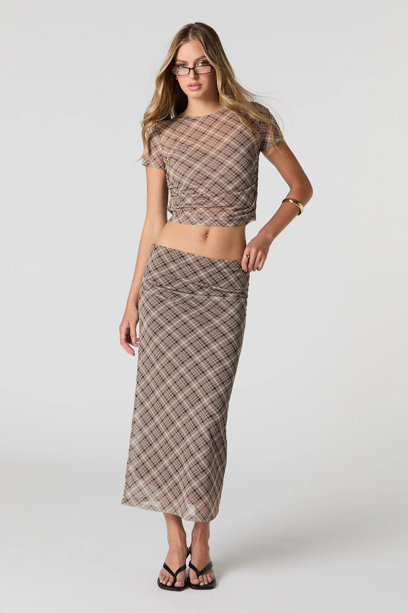 Mesh Ruched Cropped T-Shirt