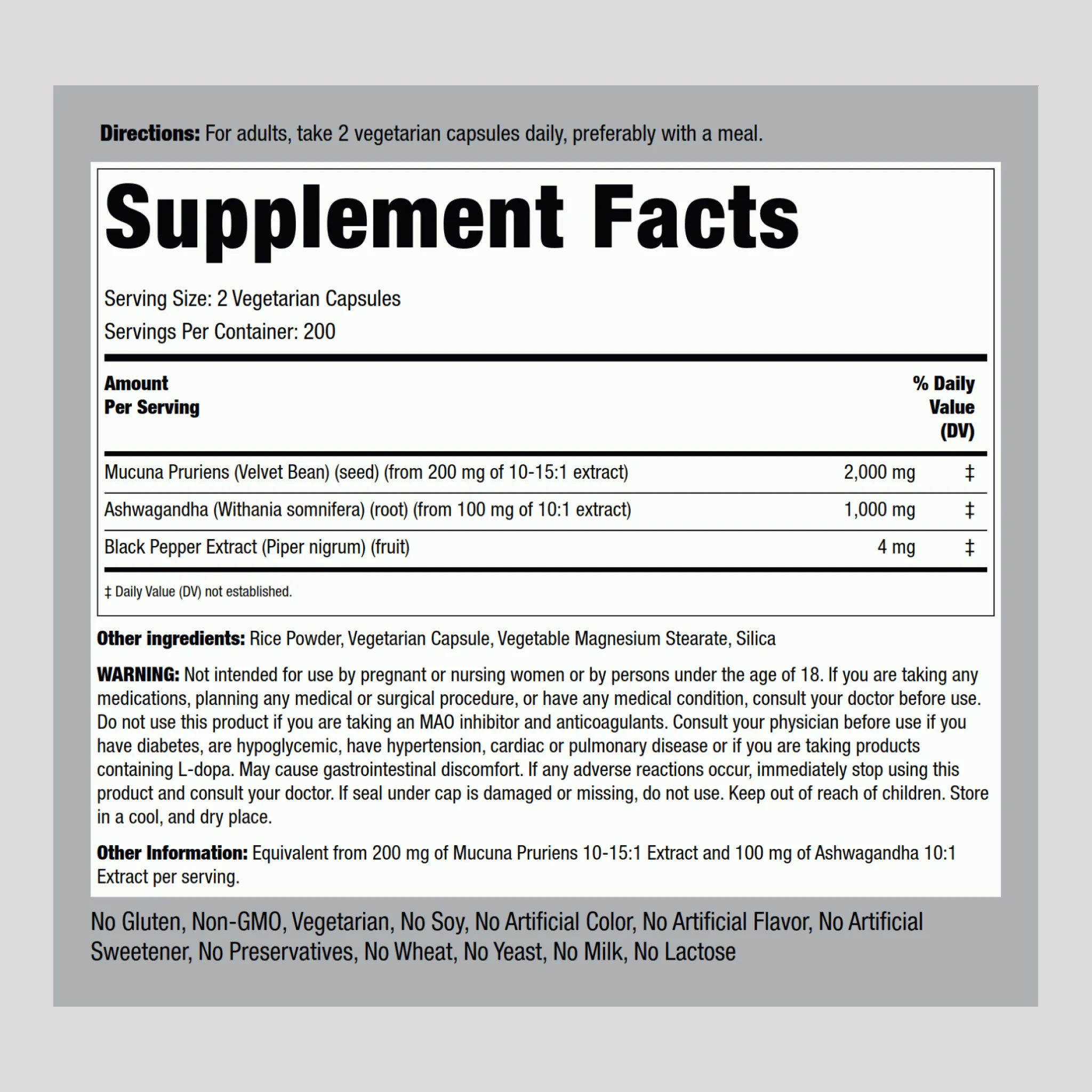 Mucuna Ashwagandha Complex, 3000 mg (per serving), 200 Vegetarian Capsules