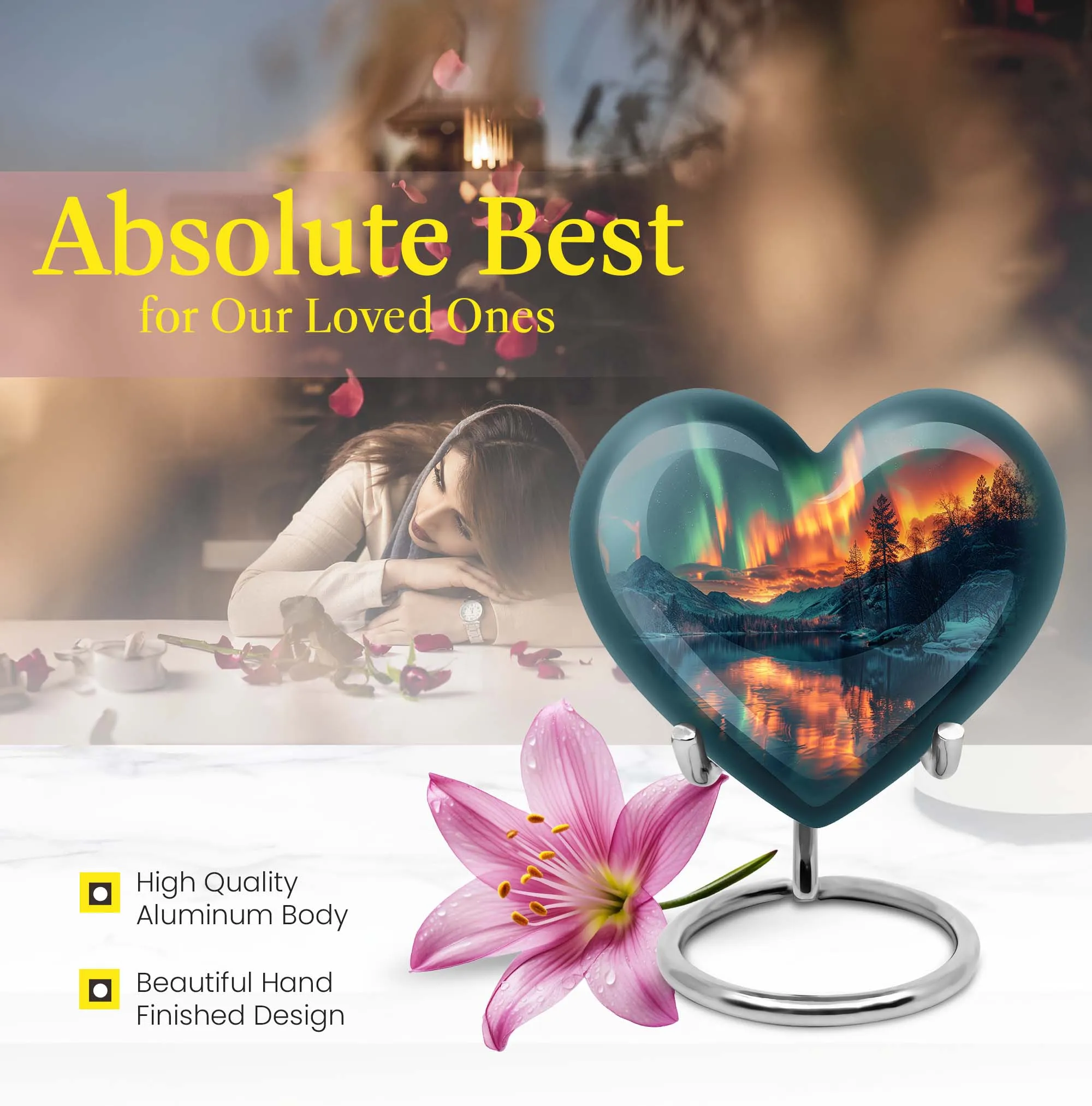 Northern Lights Cremation Urn: Customizable Large Heart-Design for Beloveds