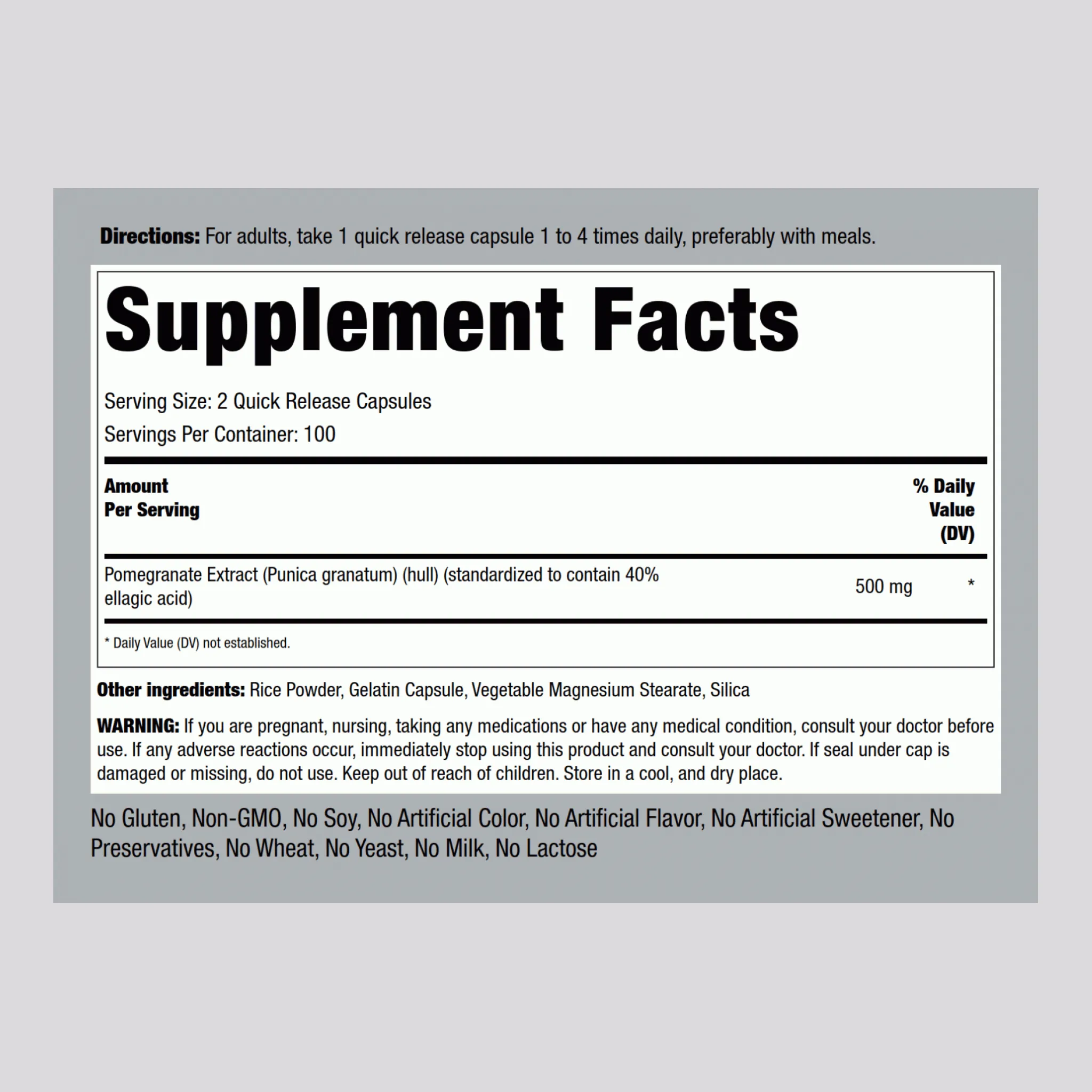 Pomegranate Extract (Standardized), 500 mg (per serving), 200 Quick Release Capsules