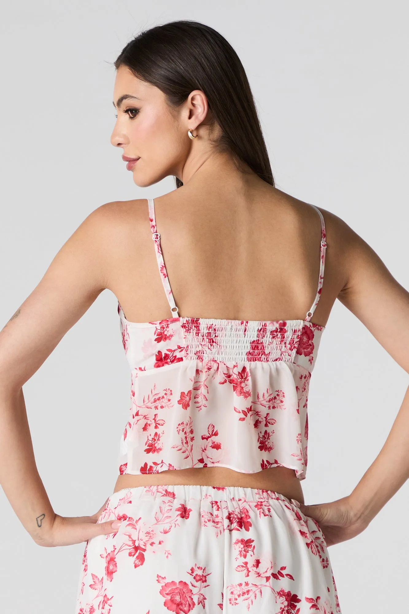 Printed Chiffon Lace Trim Cami