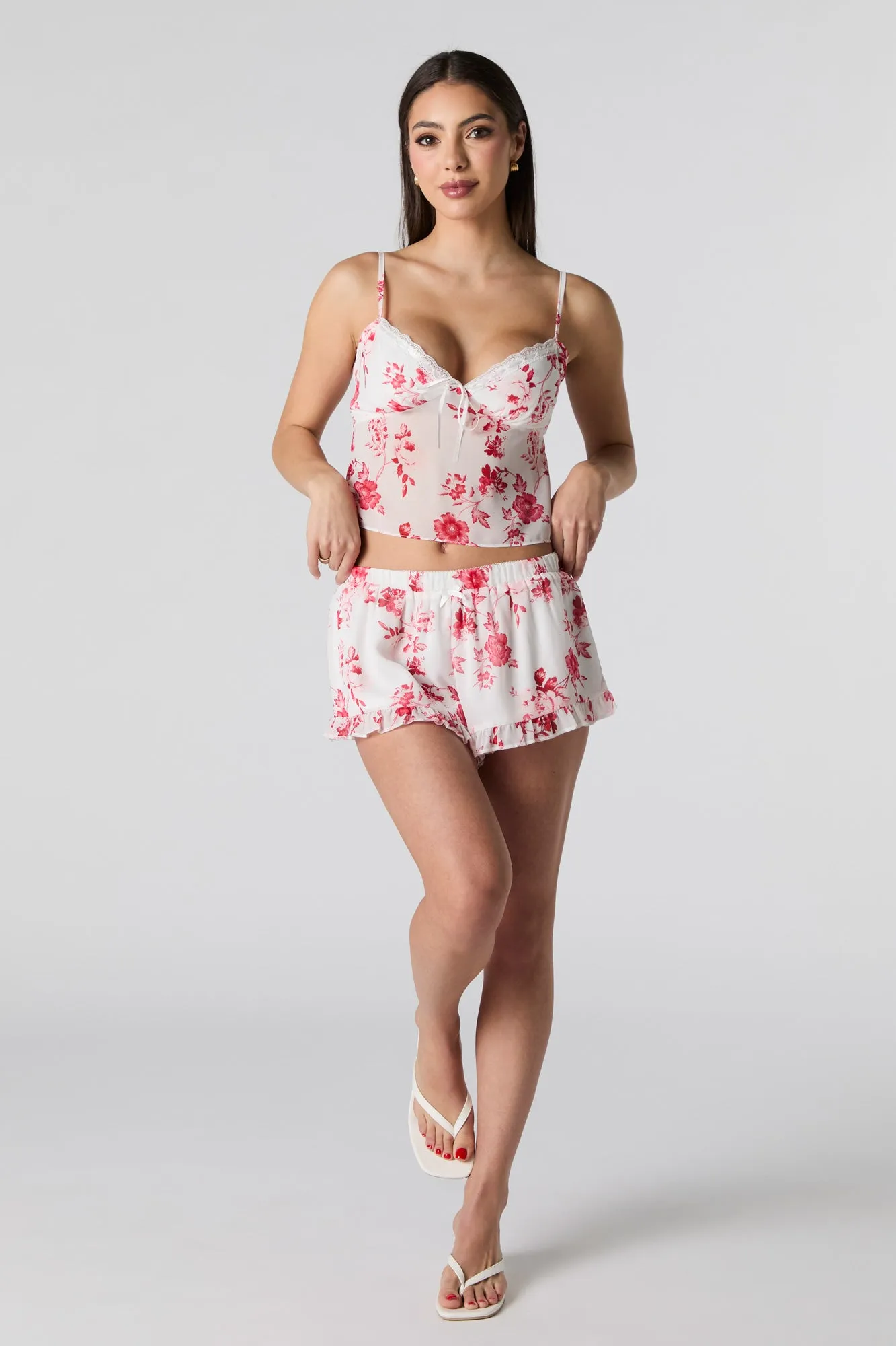 Printed Chiffon Lace Trim Cami