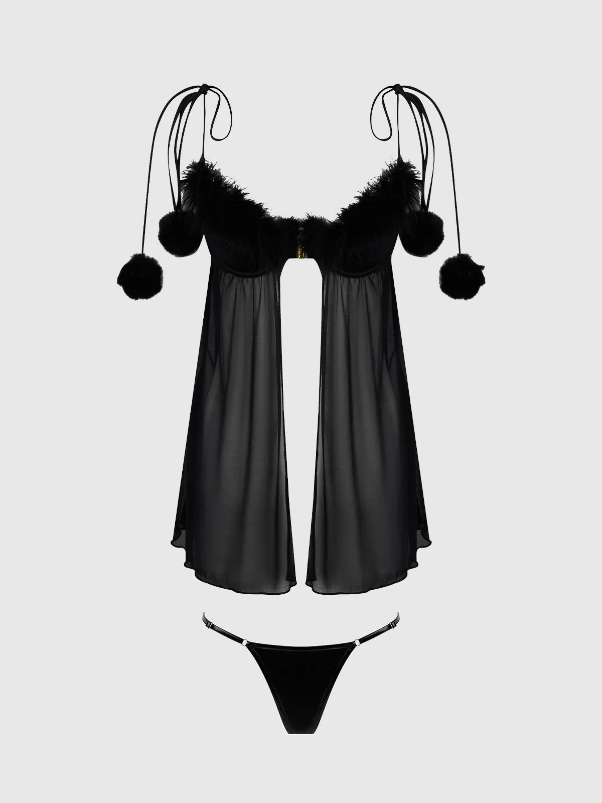 Scarlett Drop Off Open Front Marabou Babydoll & G-String