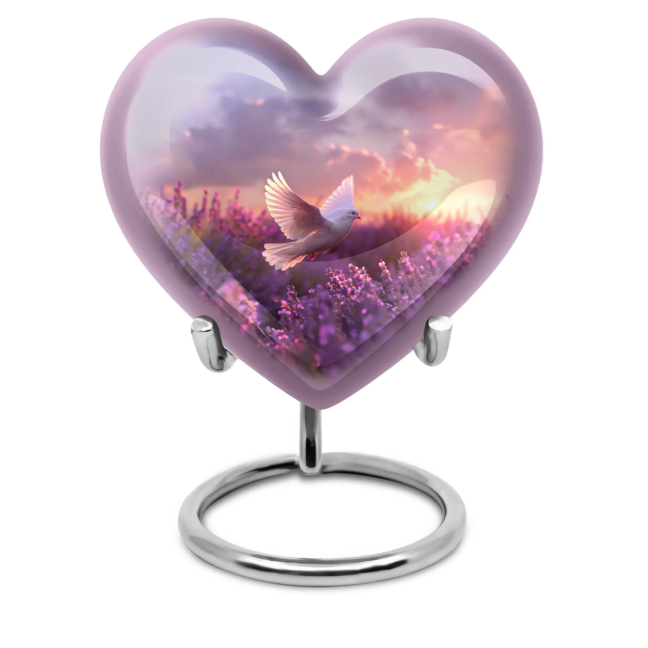 Soothing White Dove Reflection on Purple Urn - Majestic Memorial Trophy For Remembering Loved Ones