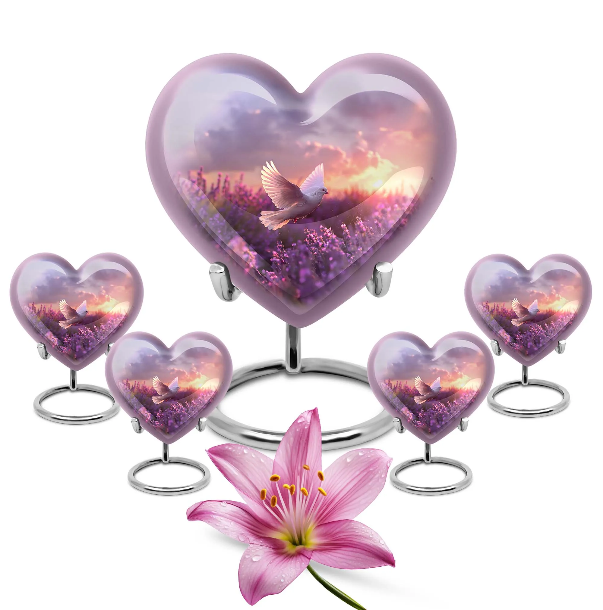 Soothing White Dove Reflection on Purple Urn - Majestic Memorial Trophy For Remembering Loved Ones