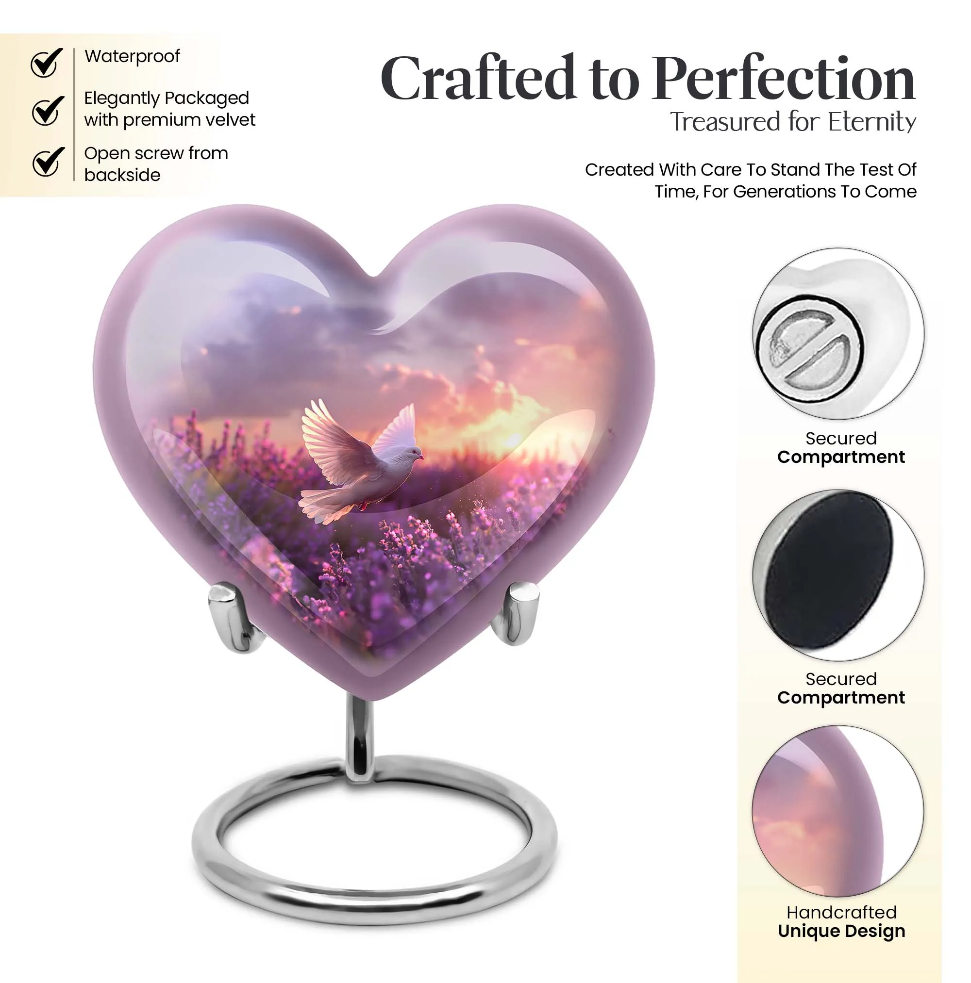 Soothing White Dove Reflection on Purple Urn - Majestic Memorial Trophy For Remembering Loved Ones
