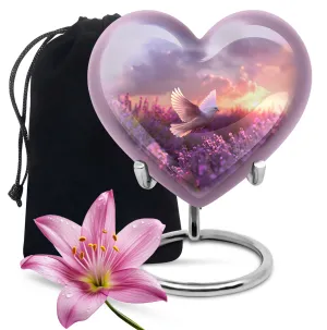 Soothing White Dove Reflection on Purple Urn - Majestic Memorial Trophy For Remembering Loved Ones
