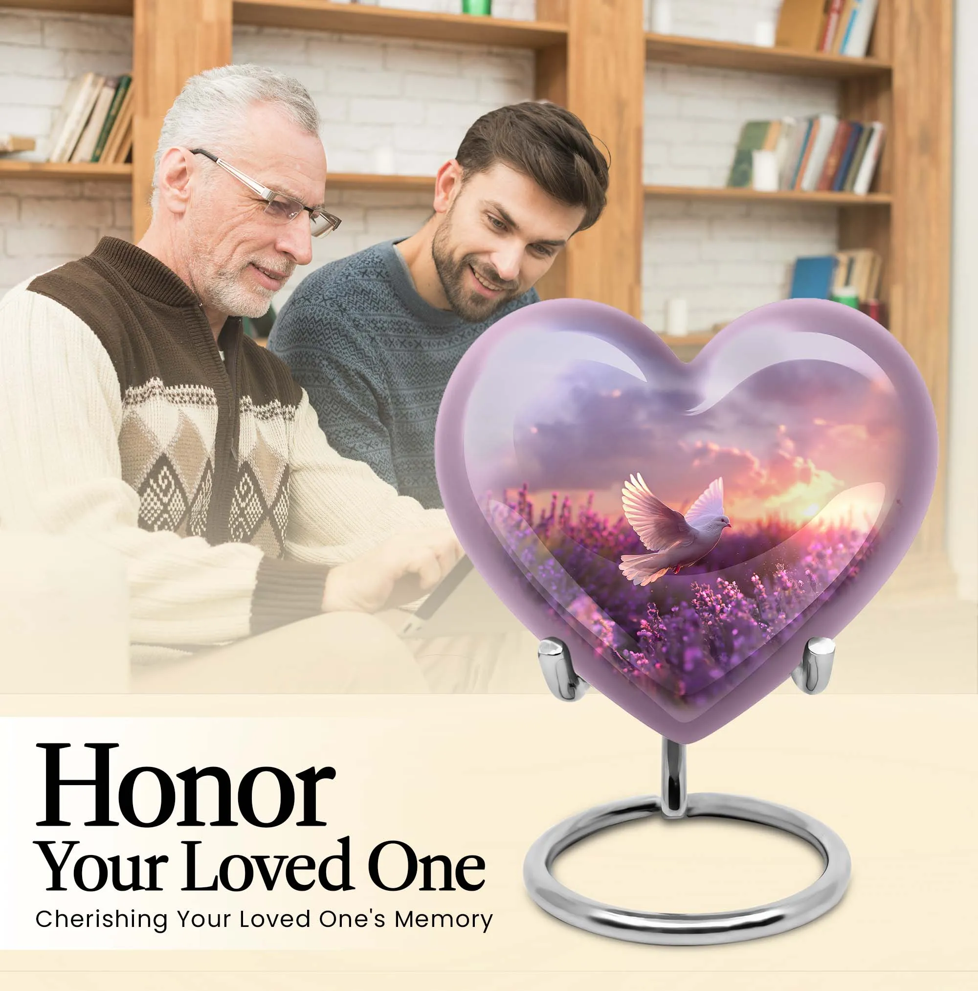 Soothing White Dove Reflection on Purple Urn - Majestic Memorial Trophy For Remembering Loved Ones