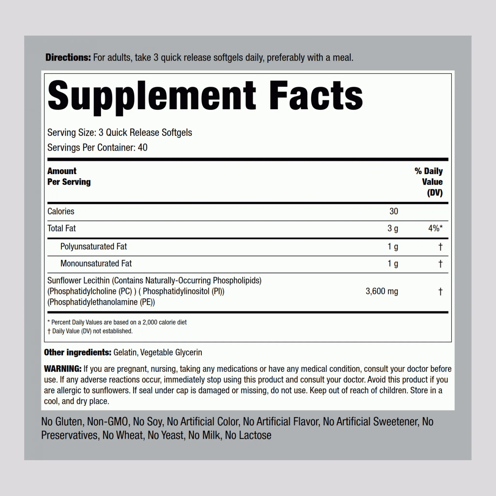 Sunflower Lecithin, 3600 mg (per serving), 120 Quick Release Softgels