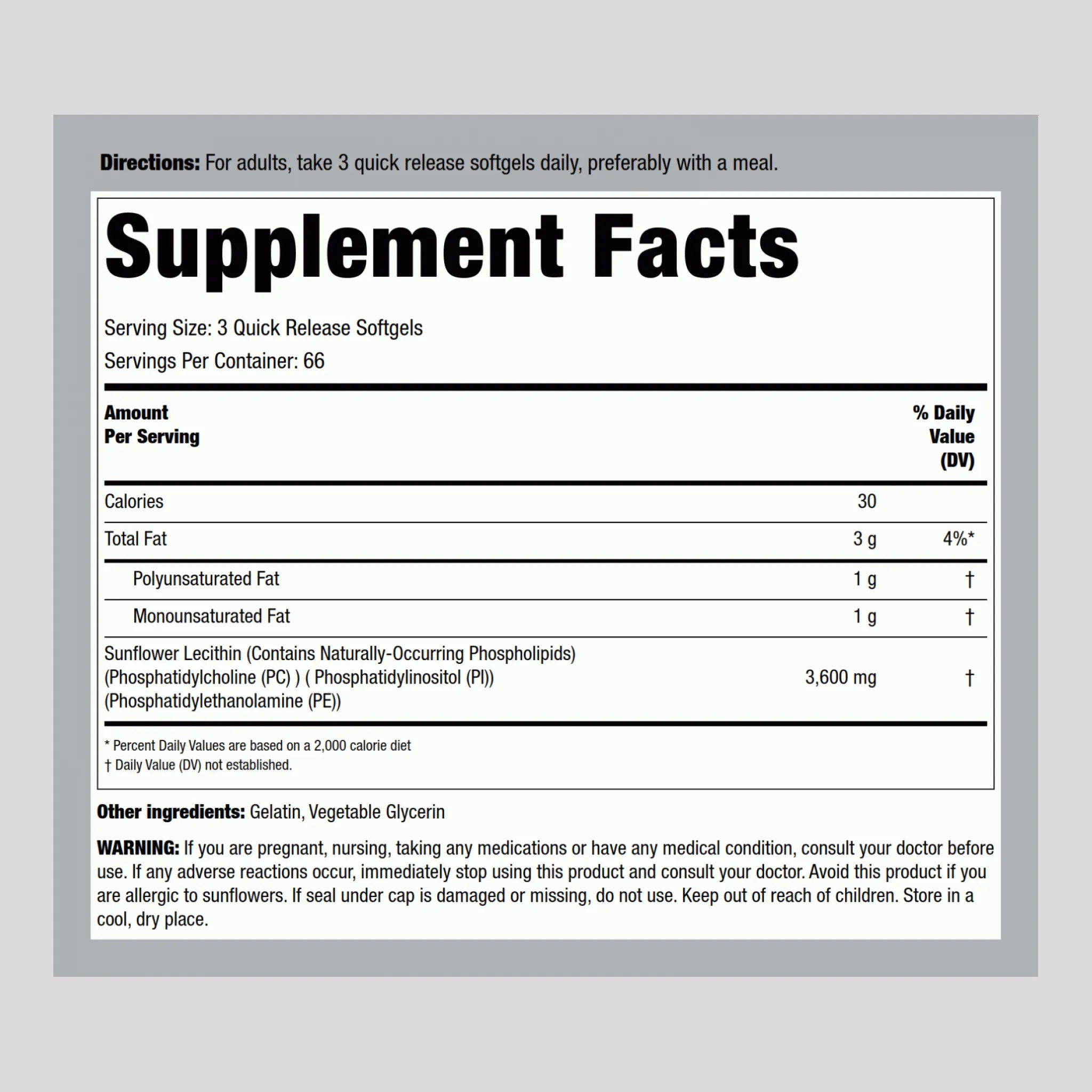 Sunflower Lecithin, 3600 mg (per serving), 200 Quick Release Softgels