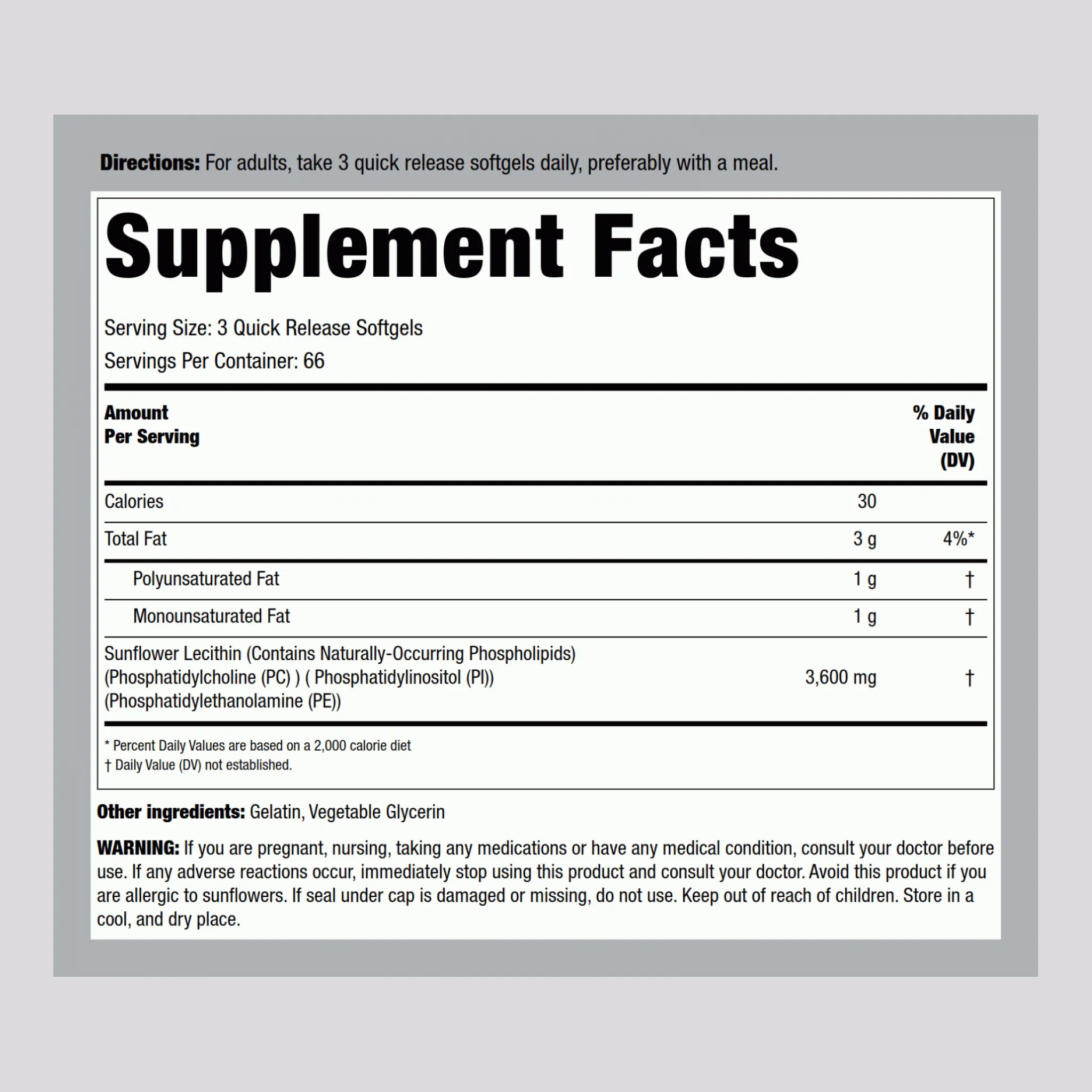 Sunflower Lecithin, 3600 mg (per serving), 200 Quick Release Softgels