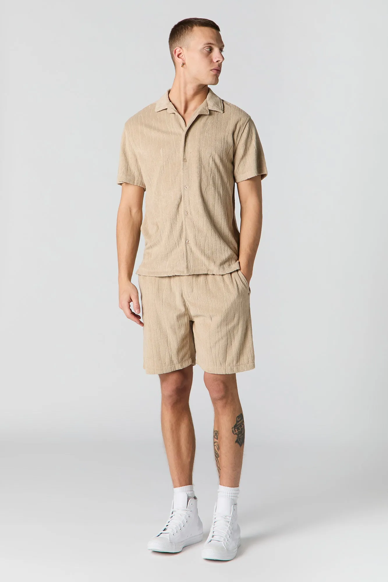 Textured Terry Button-Up Top