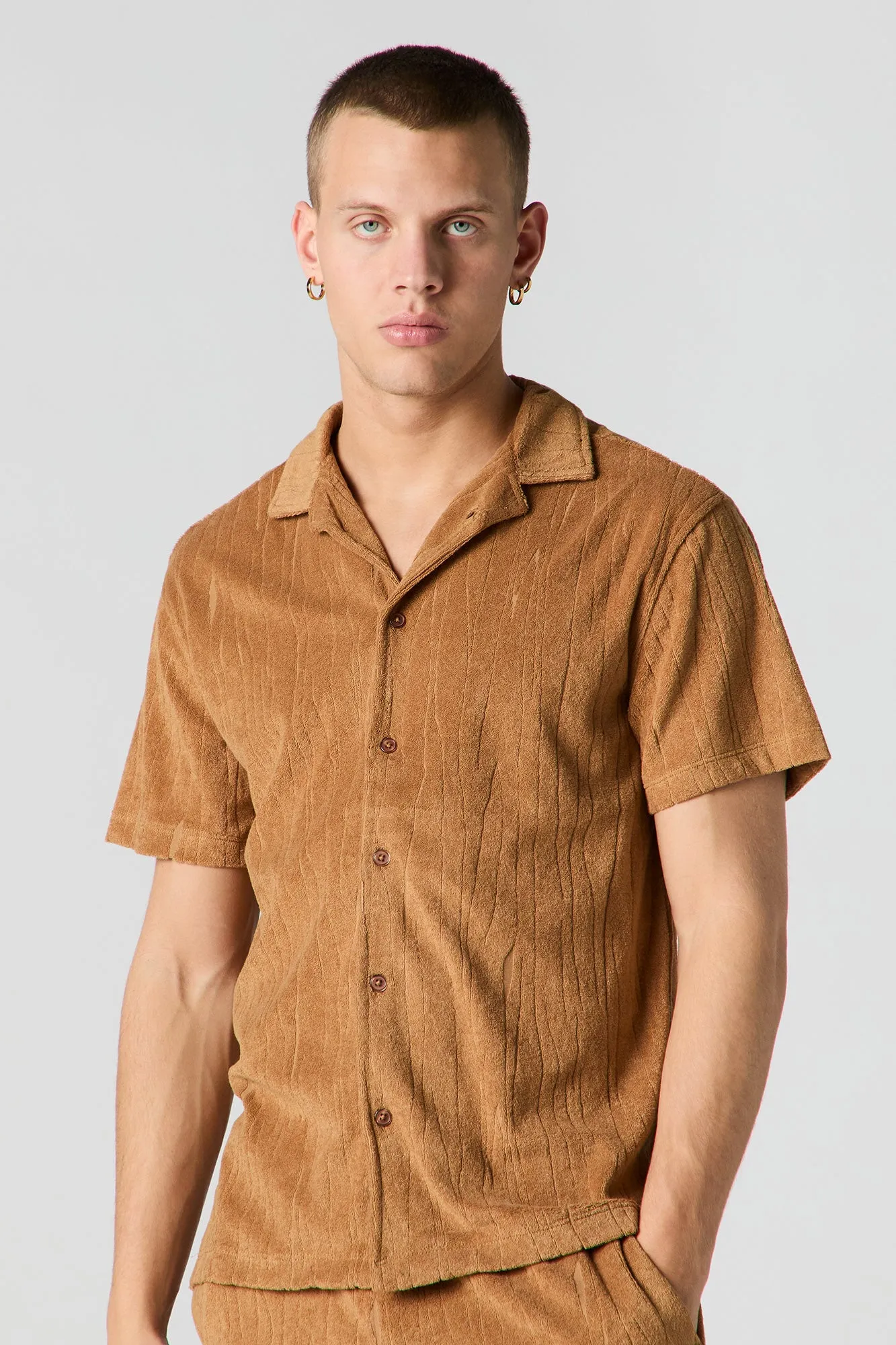 Textured Terry Button-Up Top