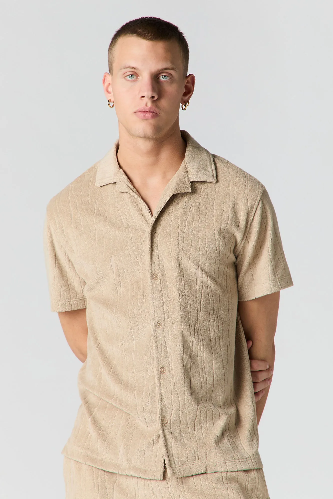 Textured Terry Button-Up Top