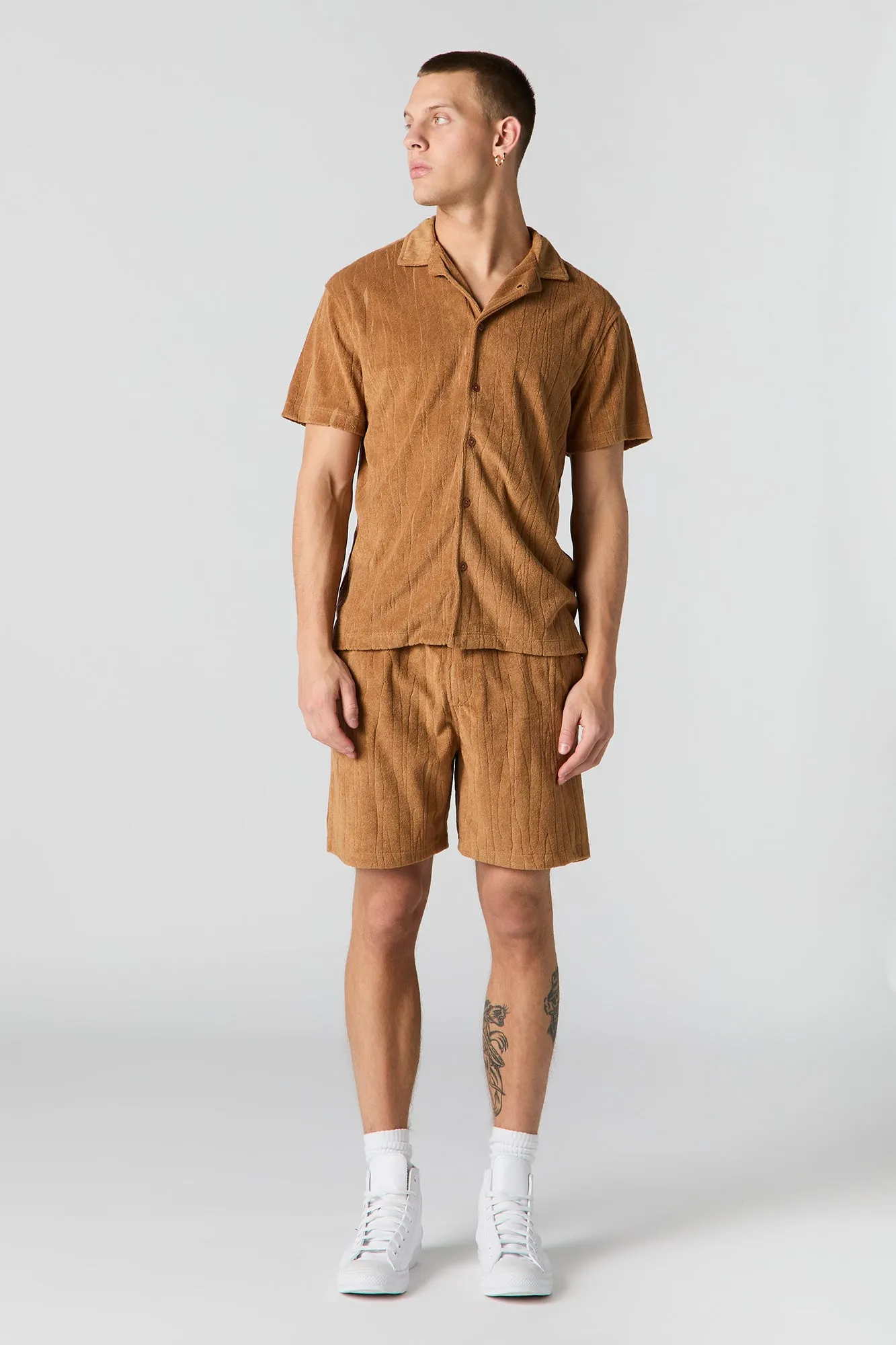 Textured Terry Button-Up Top