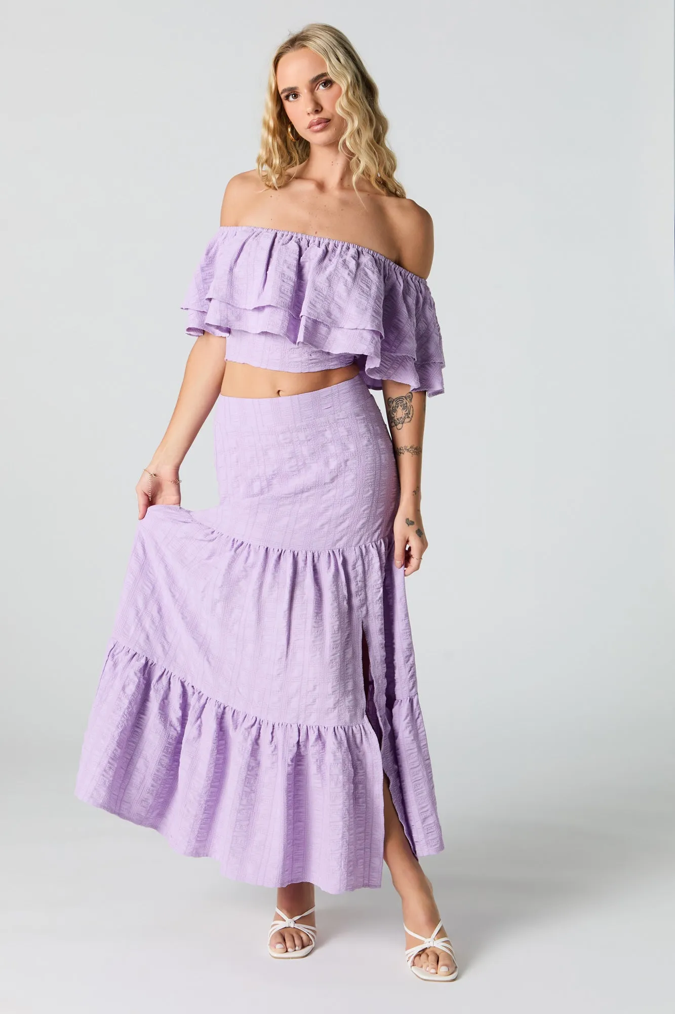 Textured Tiered Slit Maxi Skirt