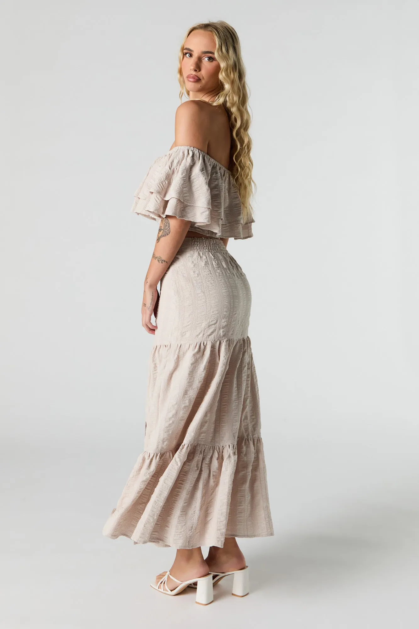 Textured Tiered Slit Maxi Skirt