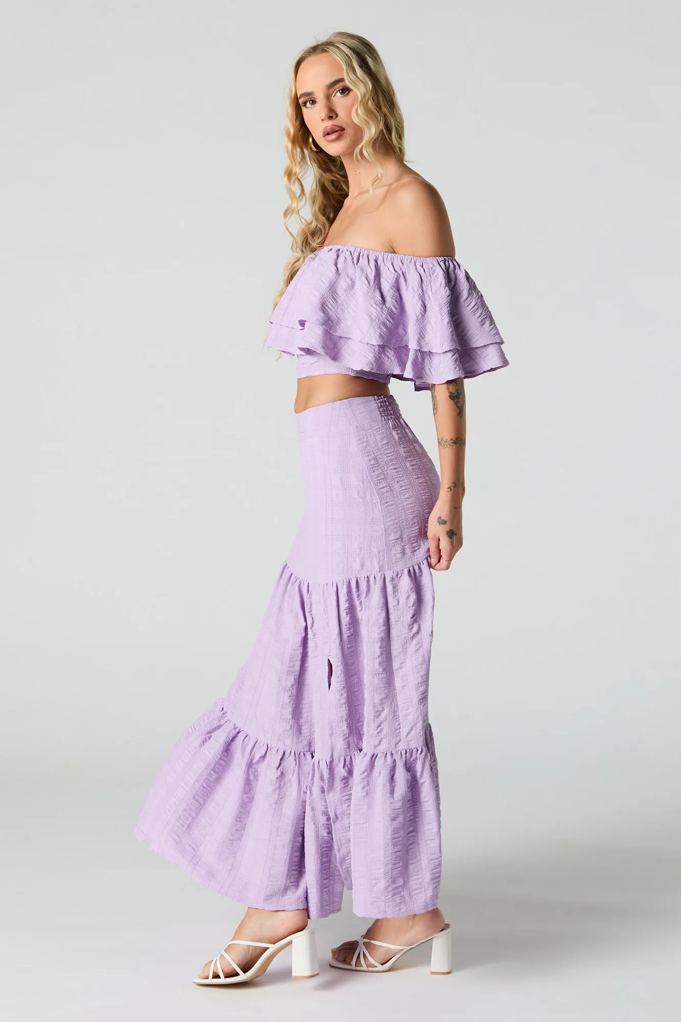 Textured Tiered Slit Maxi Skirt