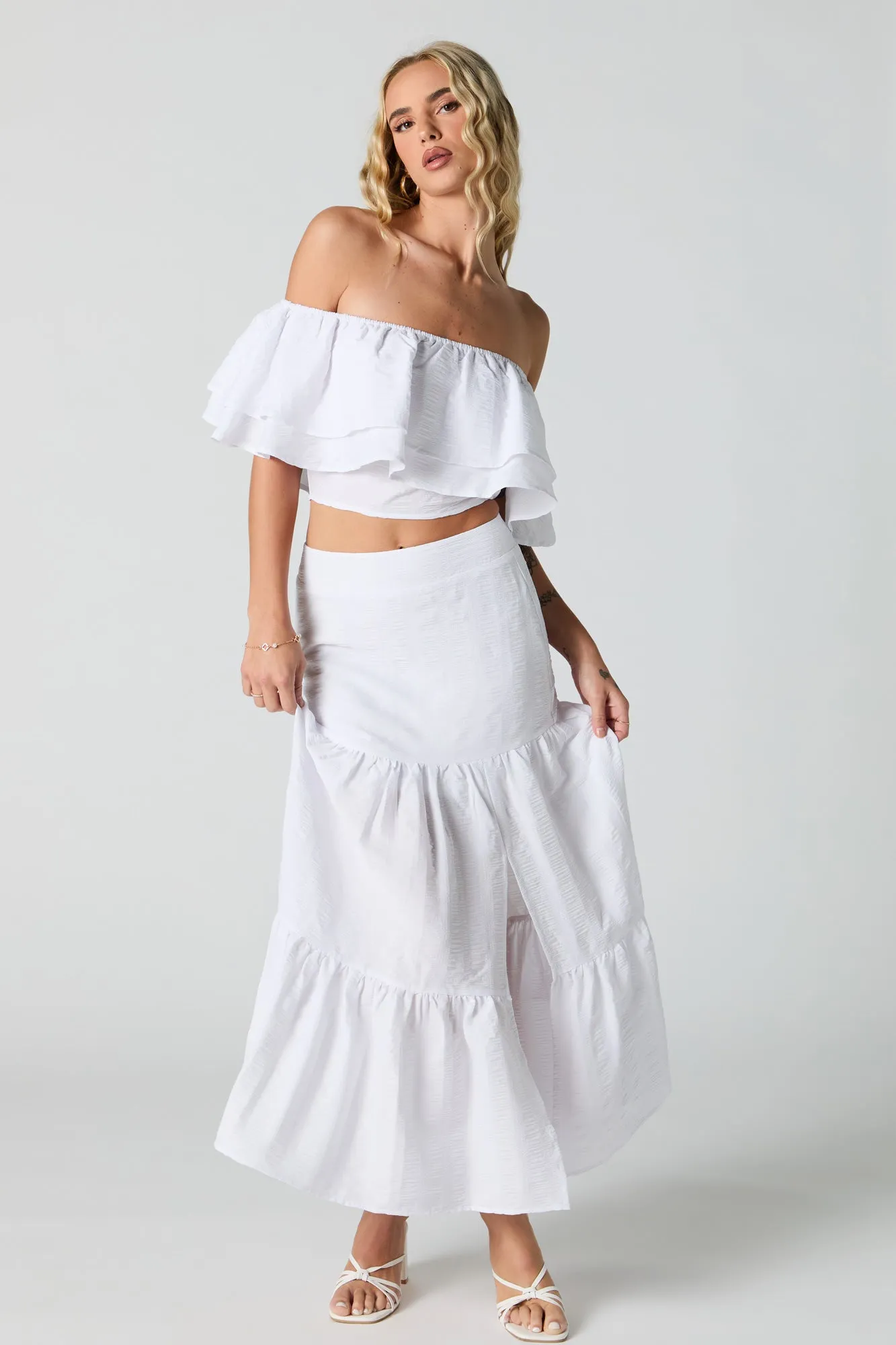 Textured Tiered Slit Maxi Skirt