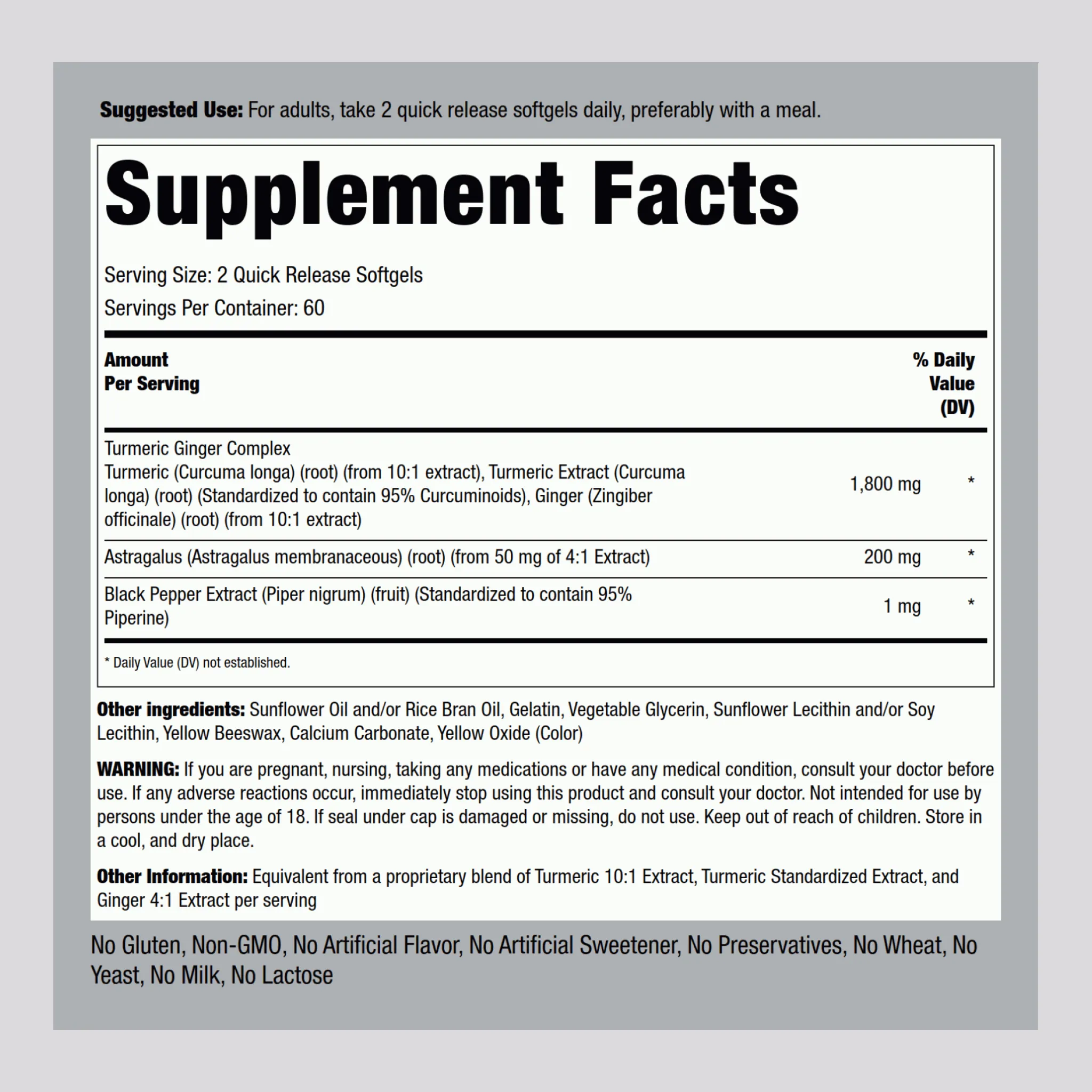 Turmeric Ginger Complex Standardized, 1800 mg (per serving), 120 Quick Release Softgels