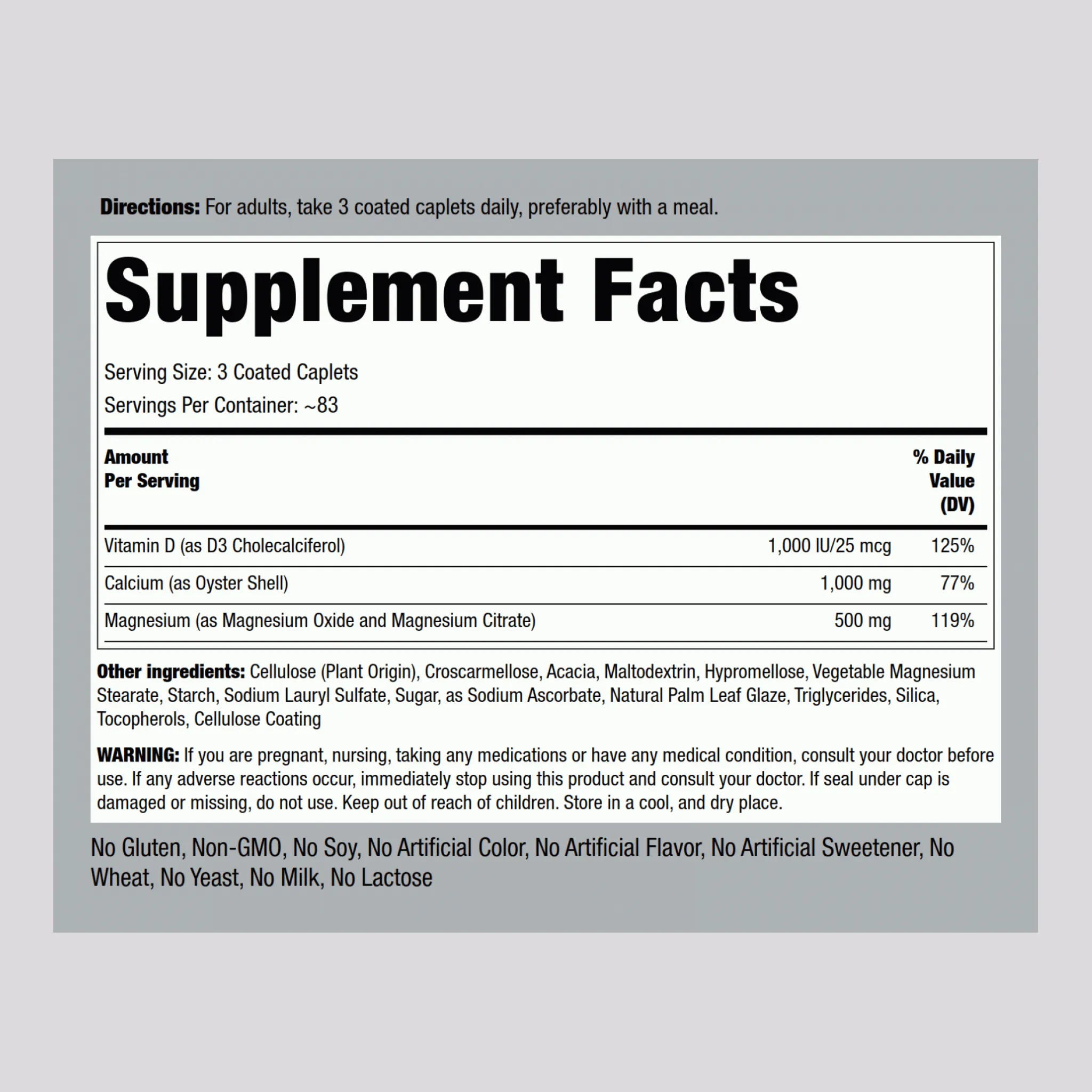 Ultra Calcium Magnesium Plus D3 (Cal 1000mg/Mag 500mg/D3 1000IU) (per serving), 250 Coated Caplets, 2  Bottles
