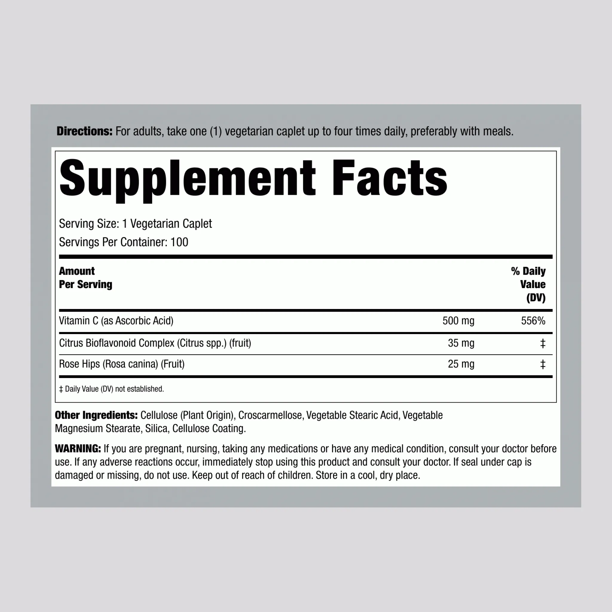 Vitamin C 500 mg plus Rose Hips & Bioflavonoids, 100 Vegetarian Caplets