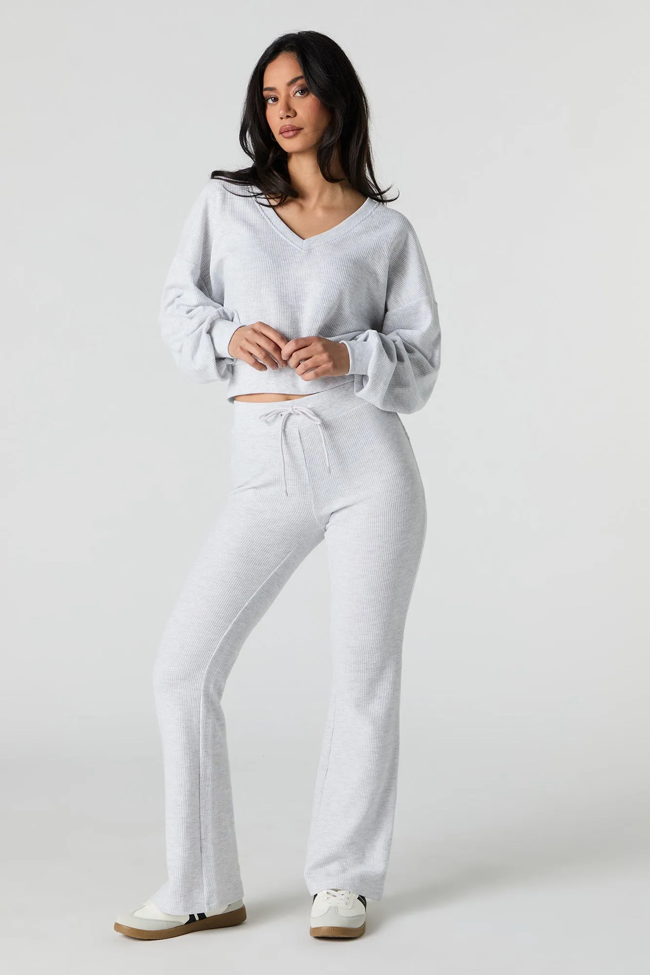 Waffle Knit V-Neck Sweatshirt