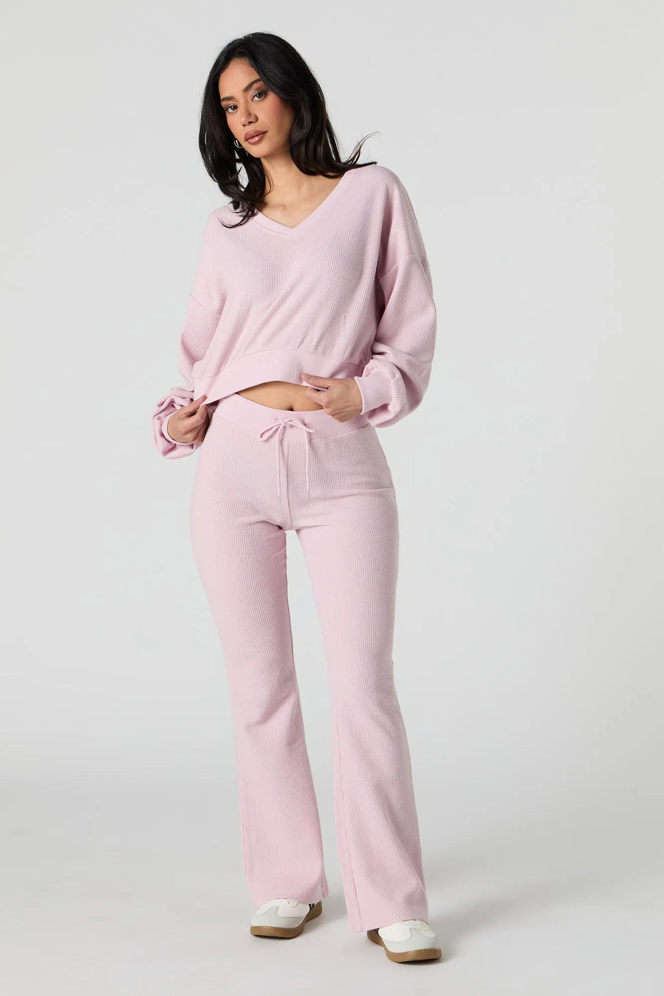 Waffle Knit V-Neck Sweatshirt