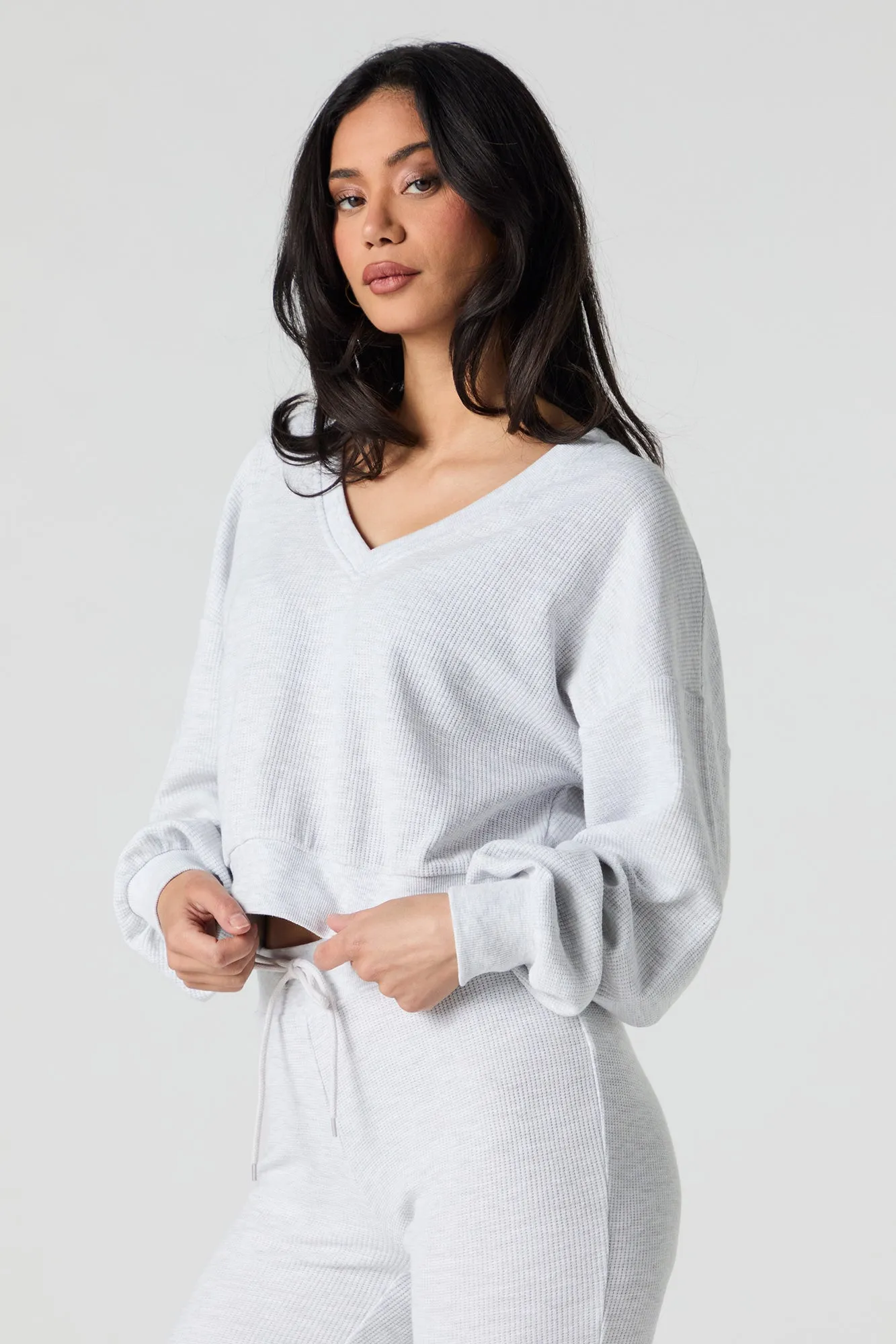 Waffle Knit V-Neck Sweatshirt