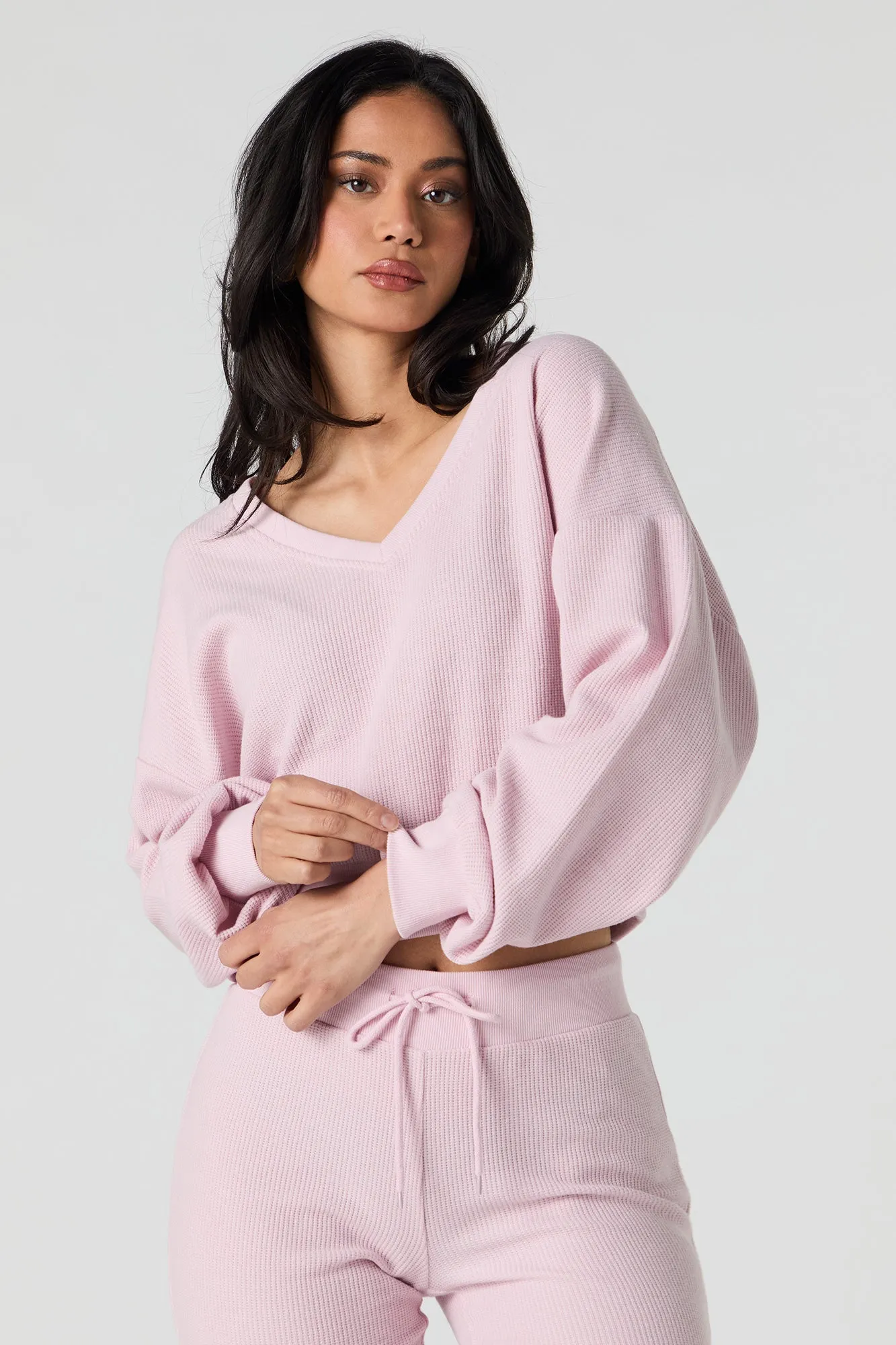 Waffle Knit V-Neck Sweatshirt