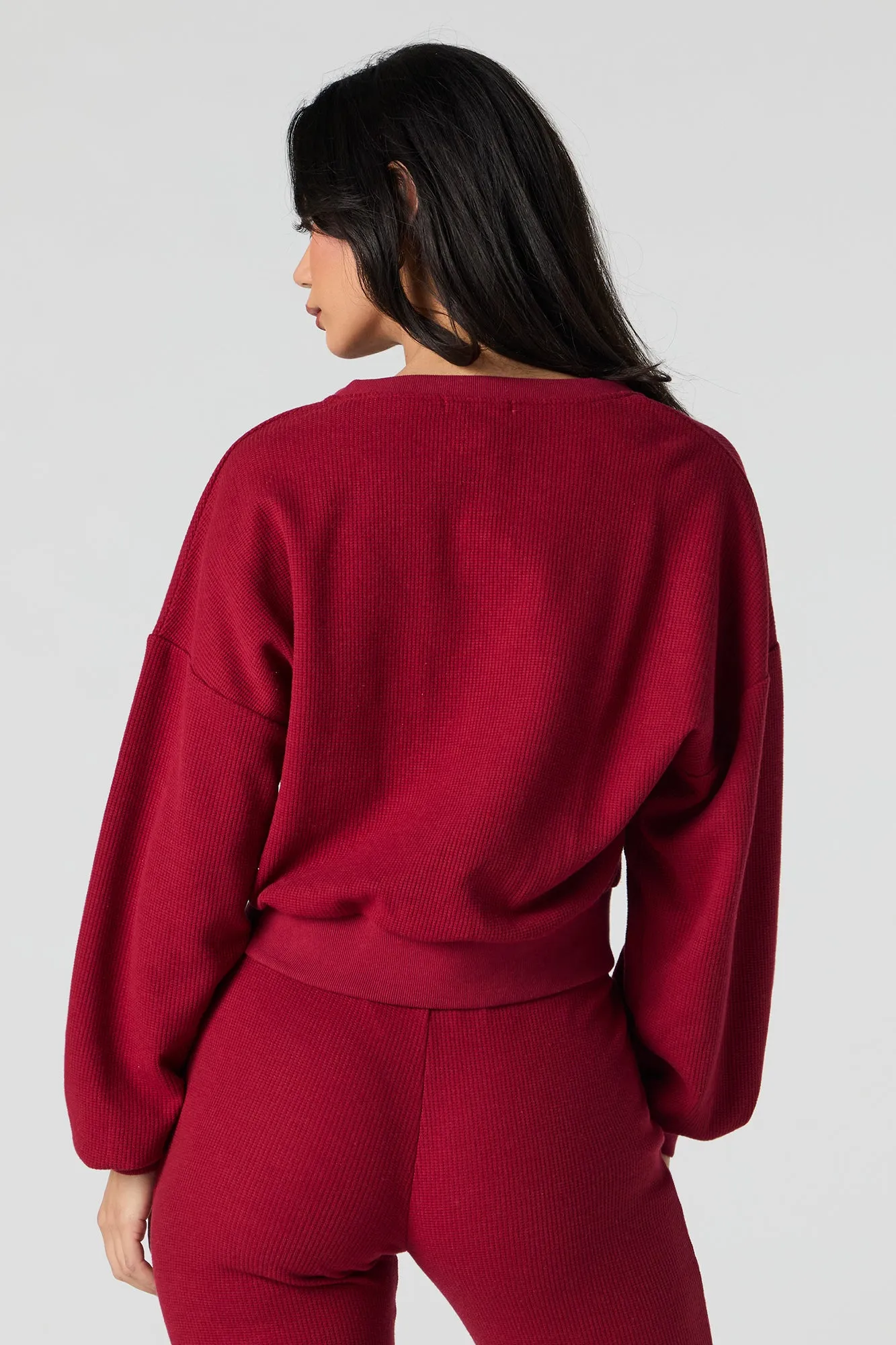 Waffle Knit V-Neck Sweatshirt