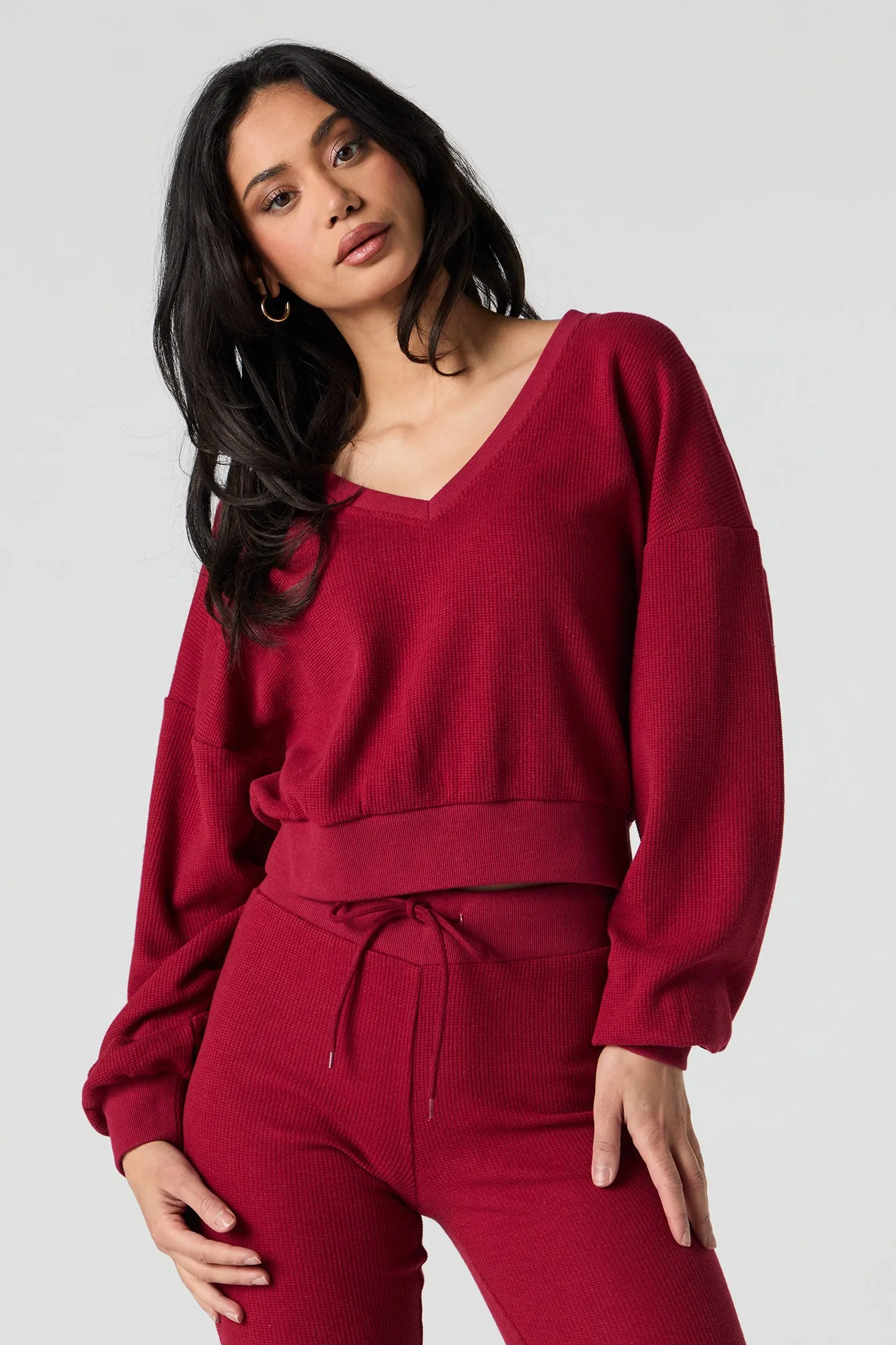 Waffle Knit V-Neck Sweatshirt