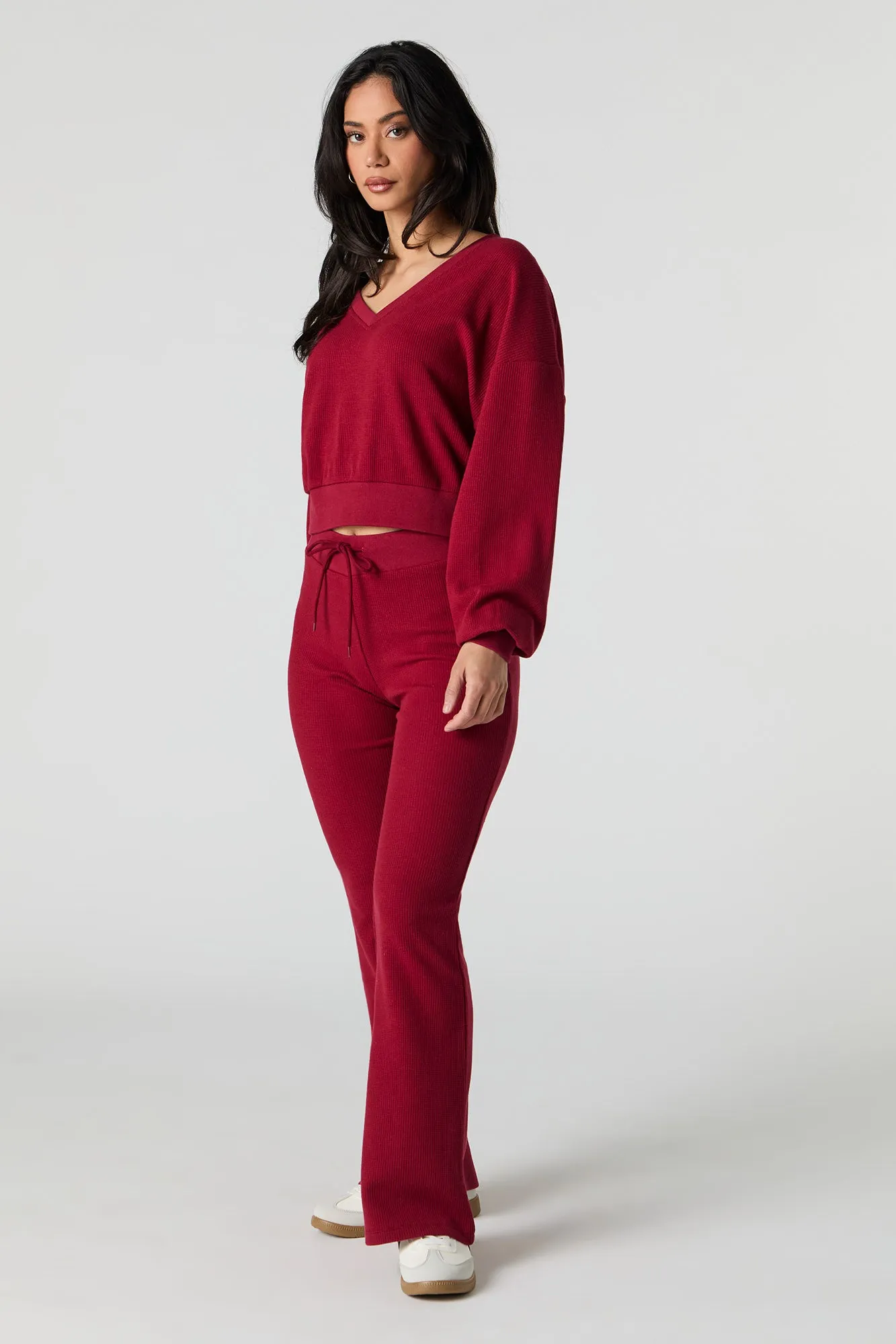 Waffle Knit V-Neck Sweatshirt