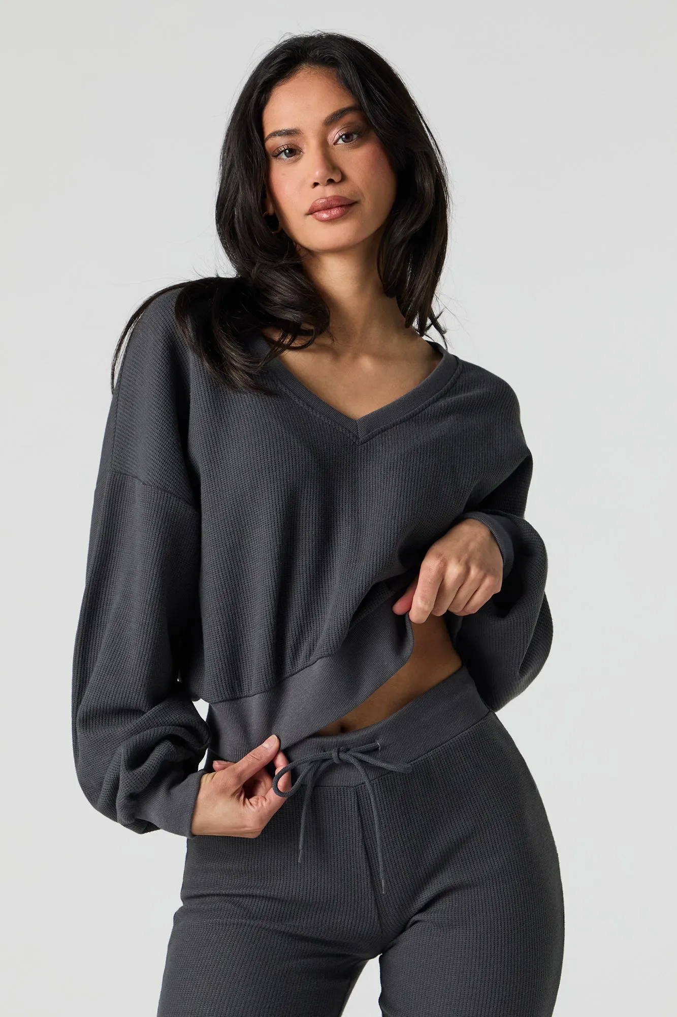 Waffle Knit V-Neck Sweatshirt