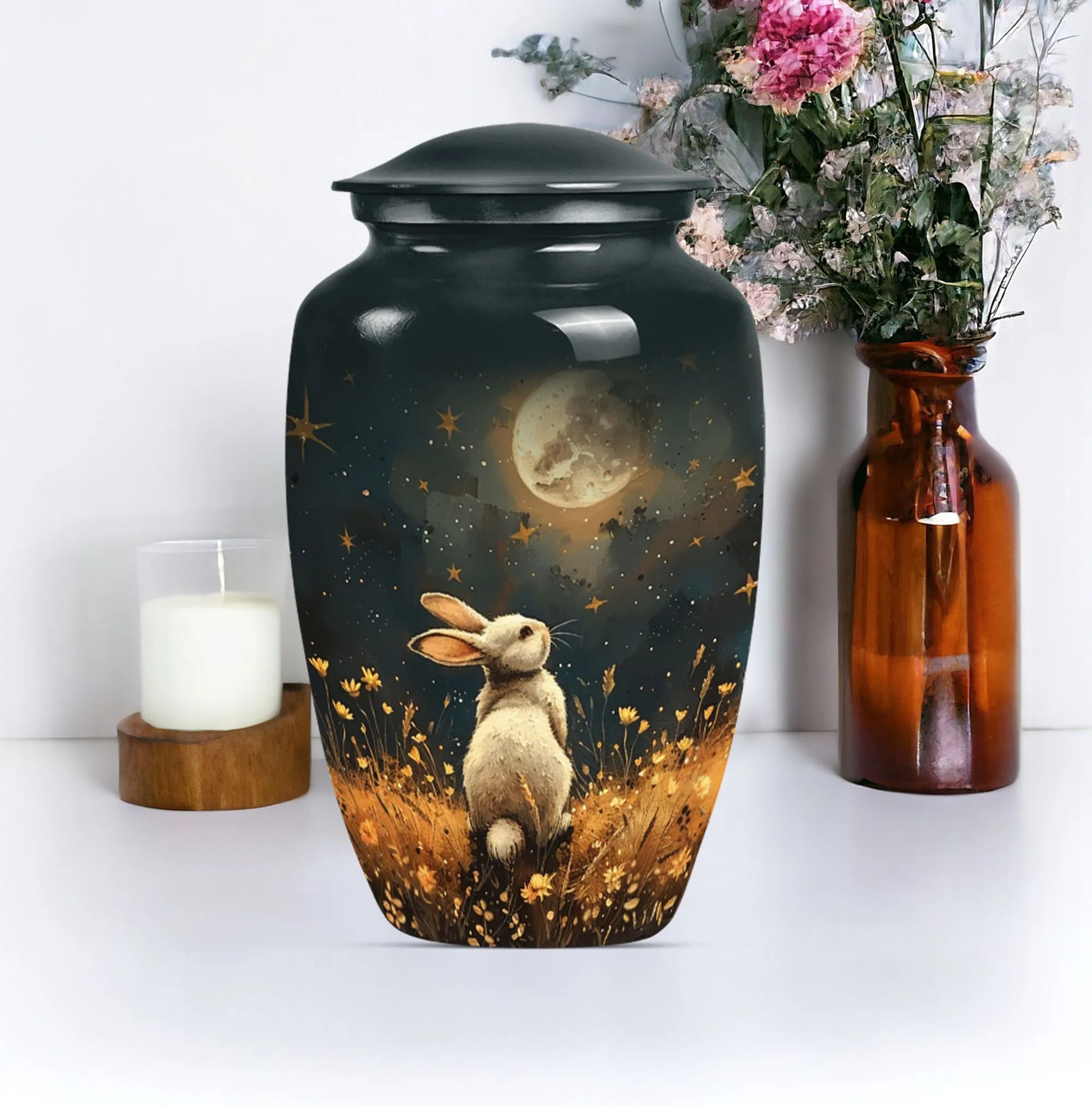 White Bunny Moonlight Solace: A Burial and Cremation Memorial Urn