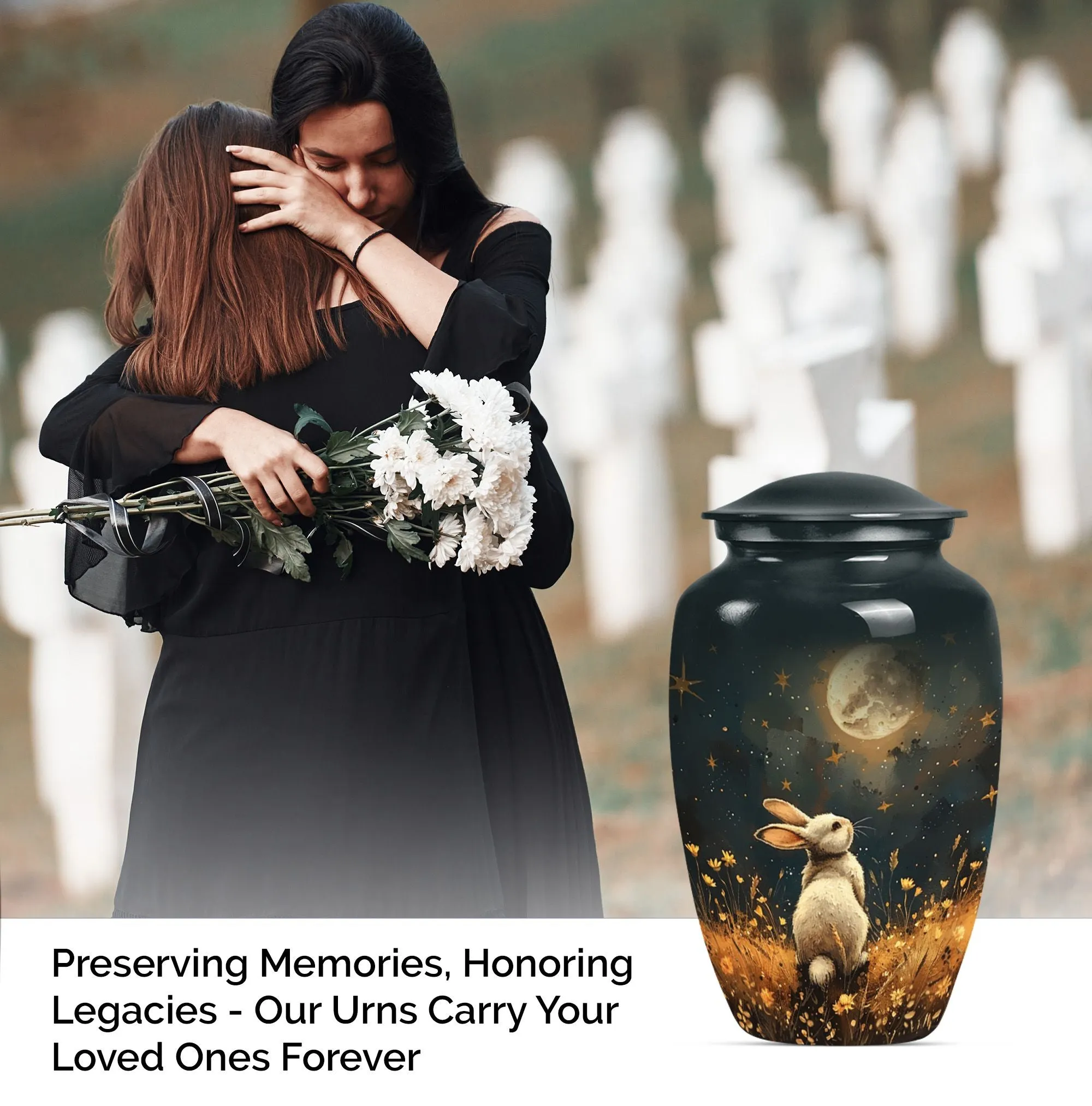 White Bunny Moonlight Solace: A Burial and Cremation Memorial Urn