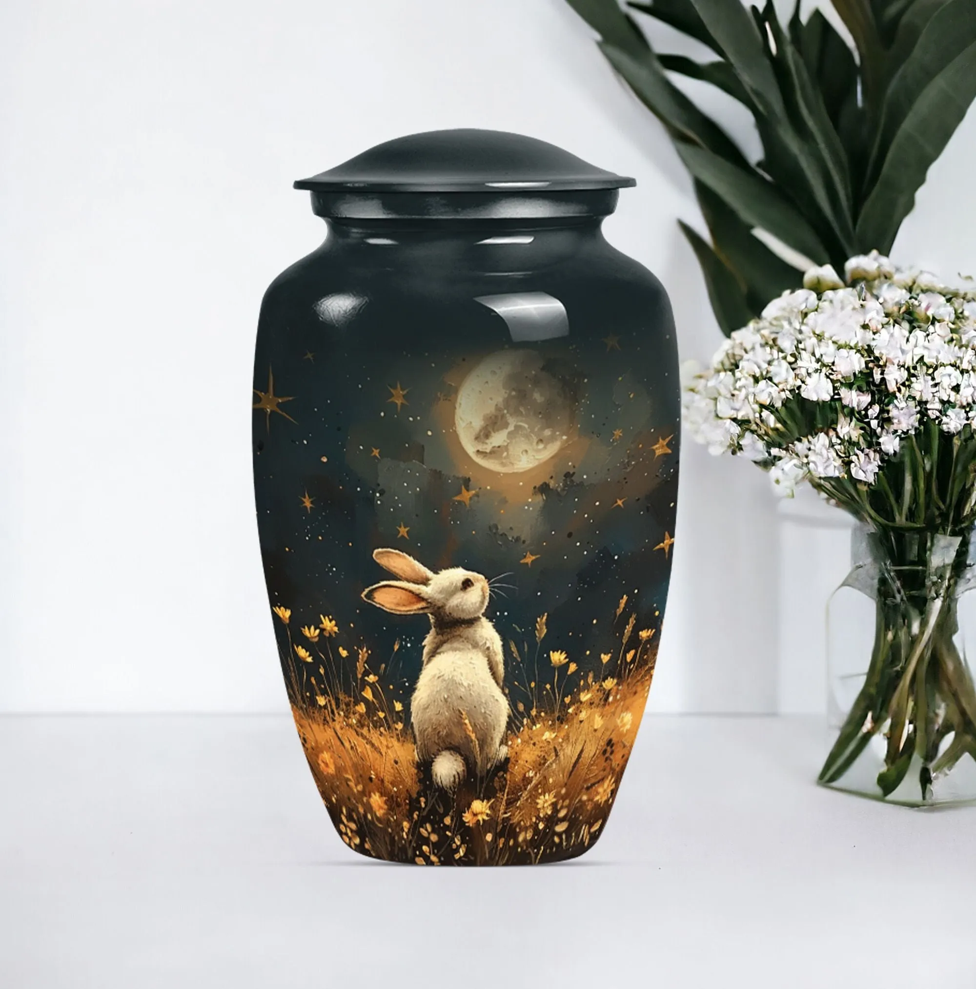 White Bunny Moonlight Solace: A Burial and Cremation Memorial Urn