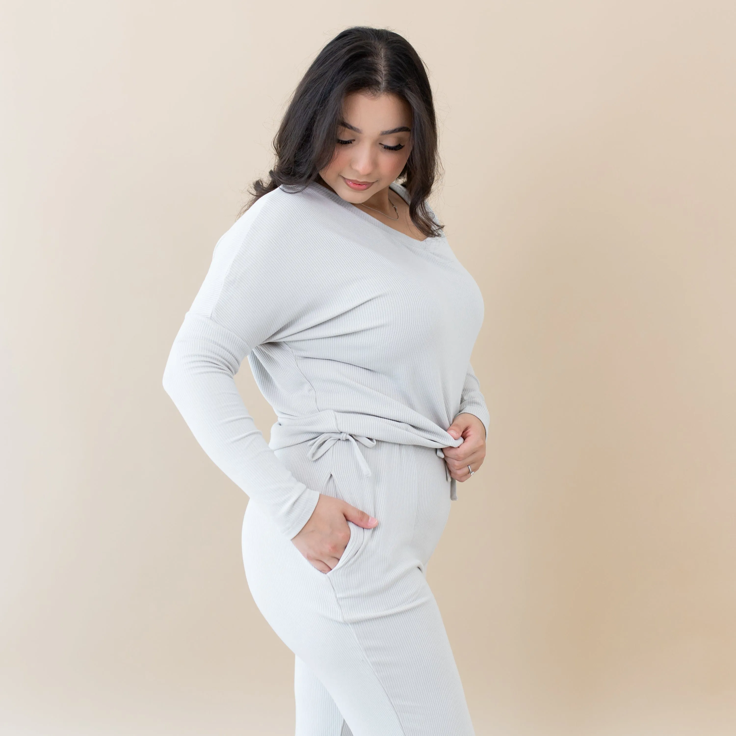 Women's Ribbed High Waisted Wide Leg Pant in Oat