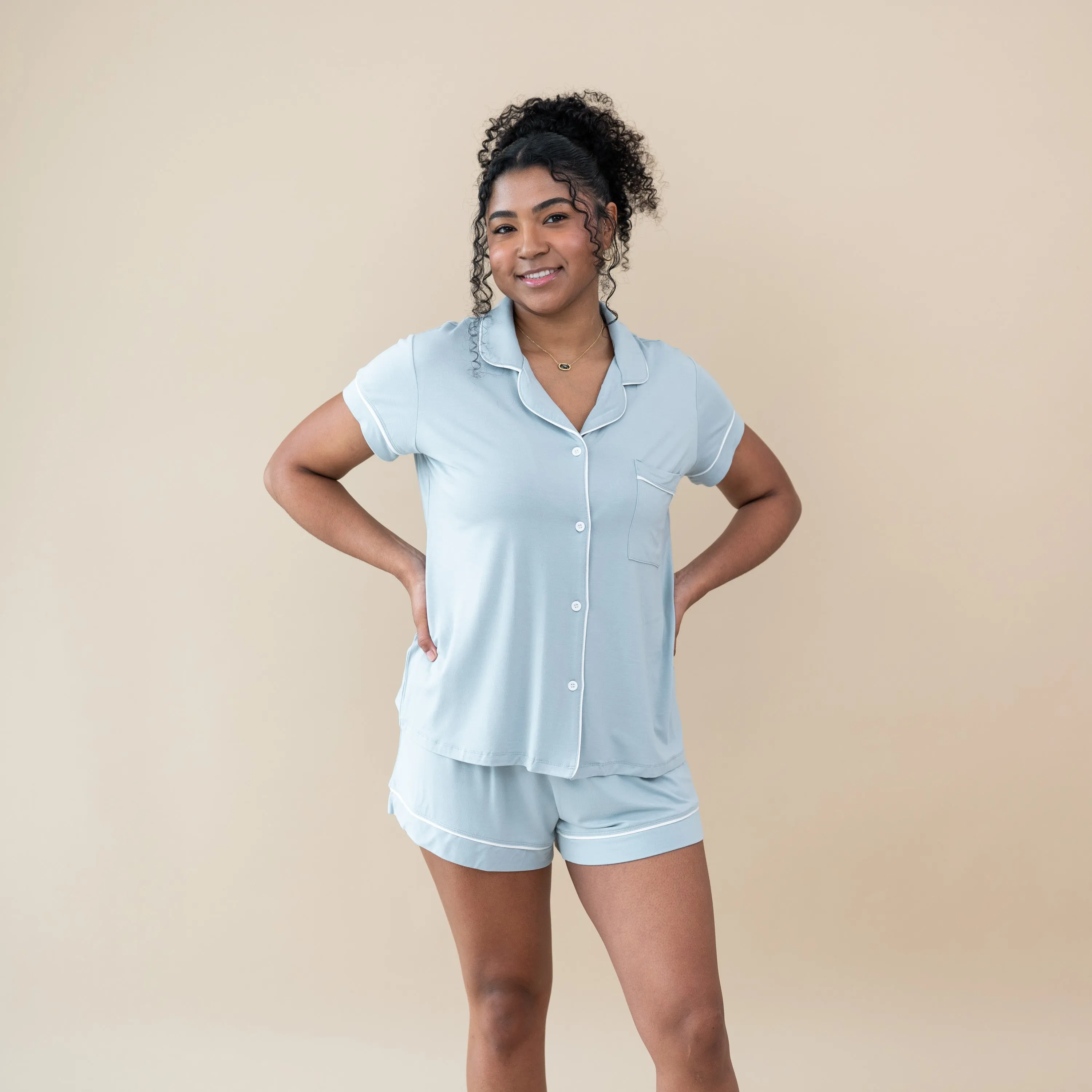 Women’s Short Sleeve Pajama Set in Fog with Cloud Trim