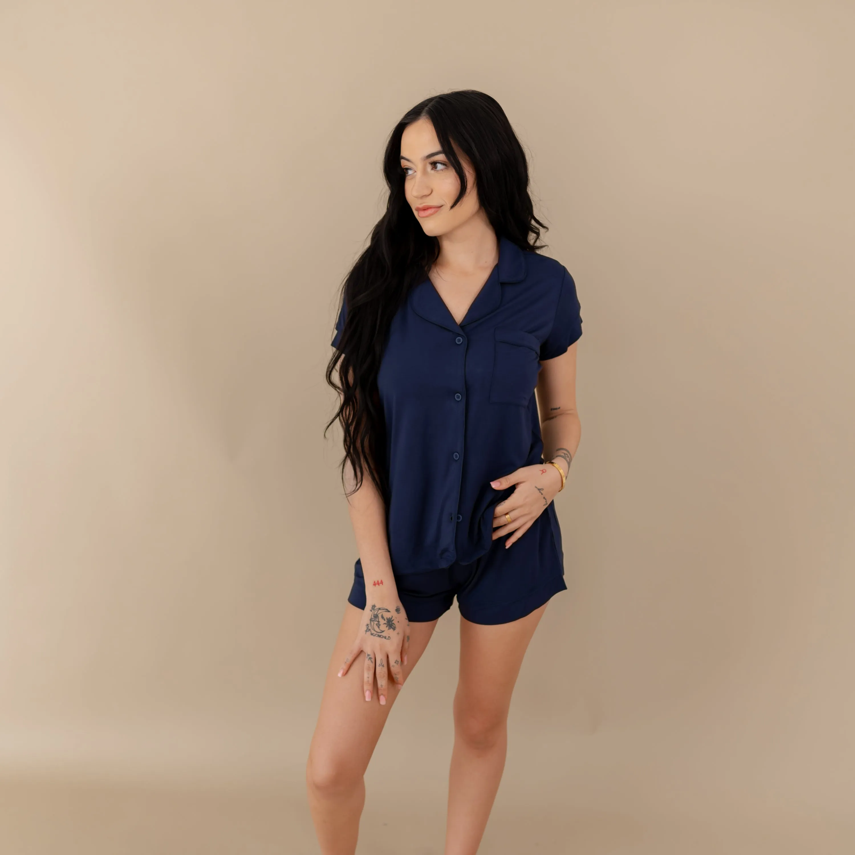Women’s Short Sleeve Pajama Set in Navy with Navy Trim